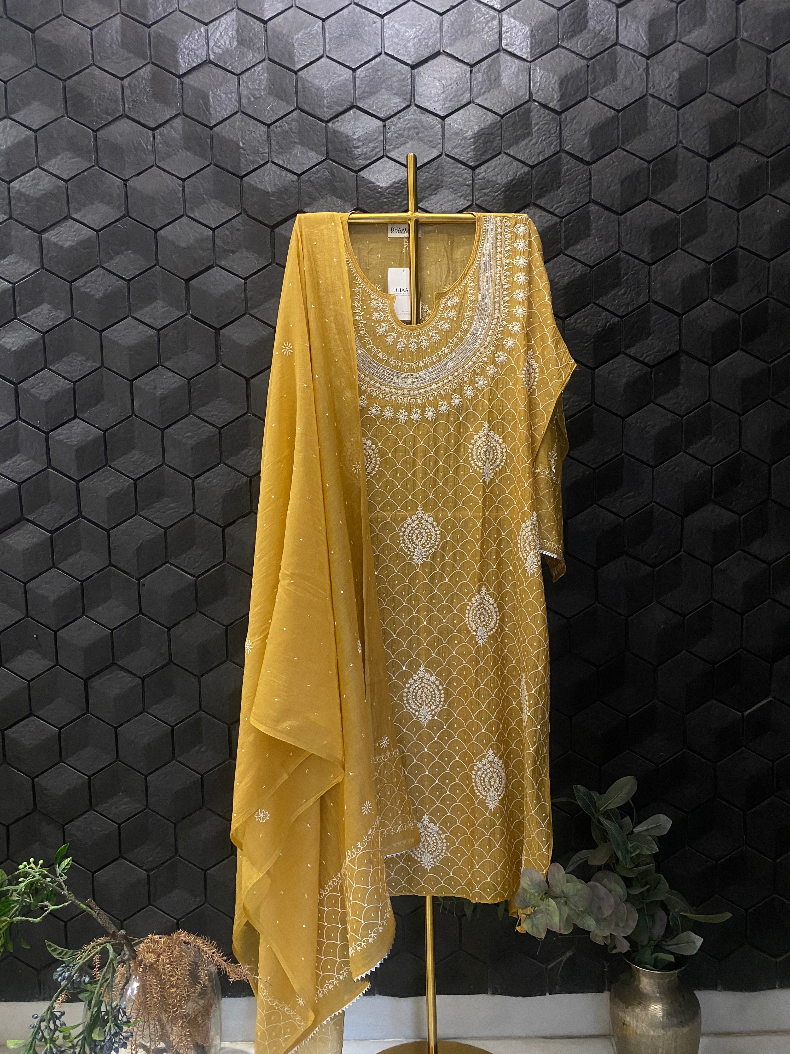 Mustard Mul Chanderi Chikankari Kurta Set