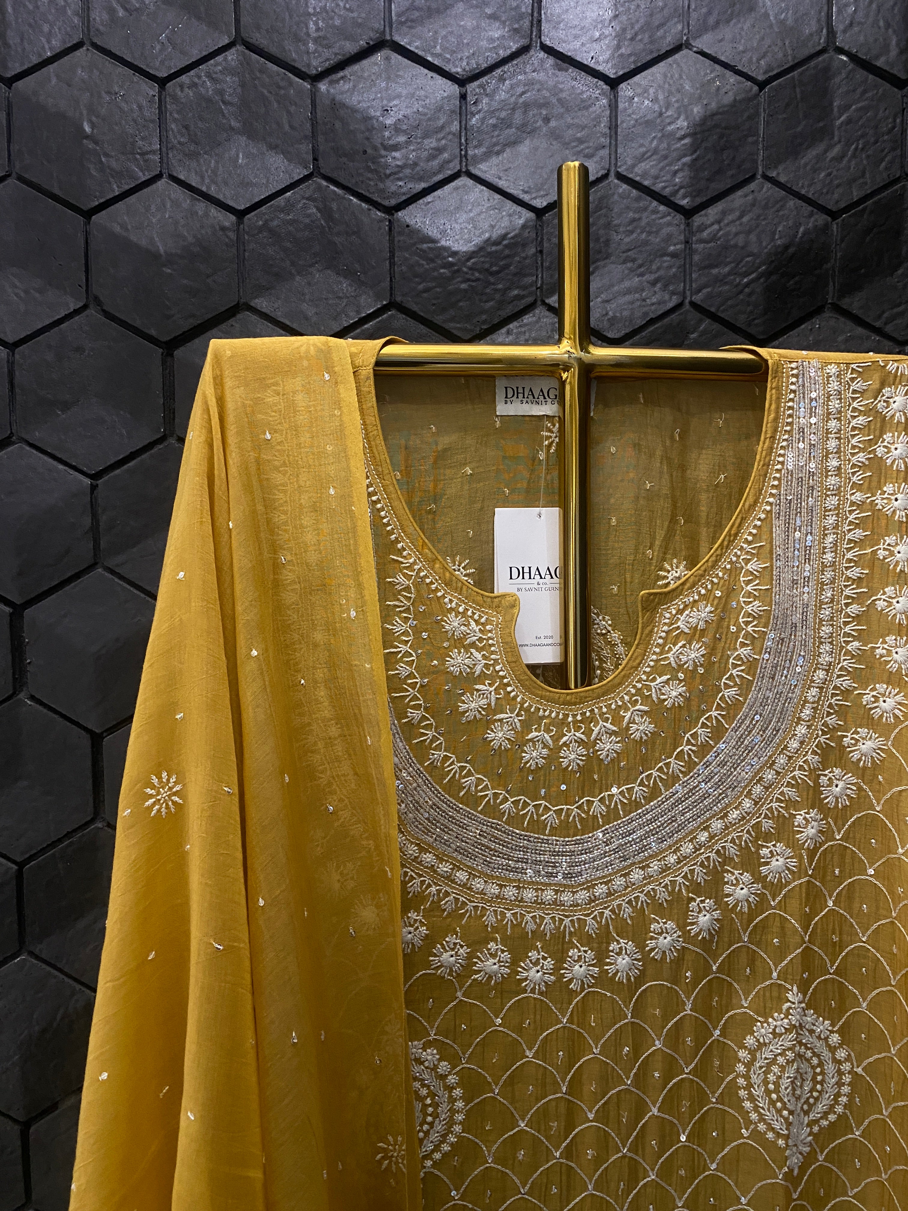 Mustard Mul Chanderi Chikankari Kurta Set