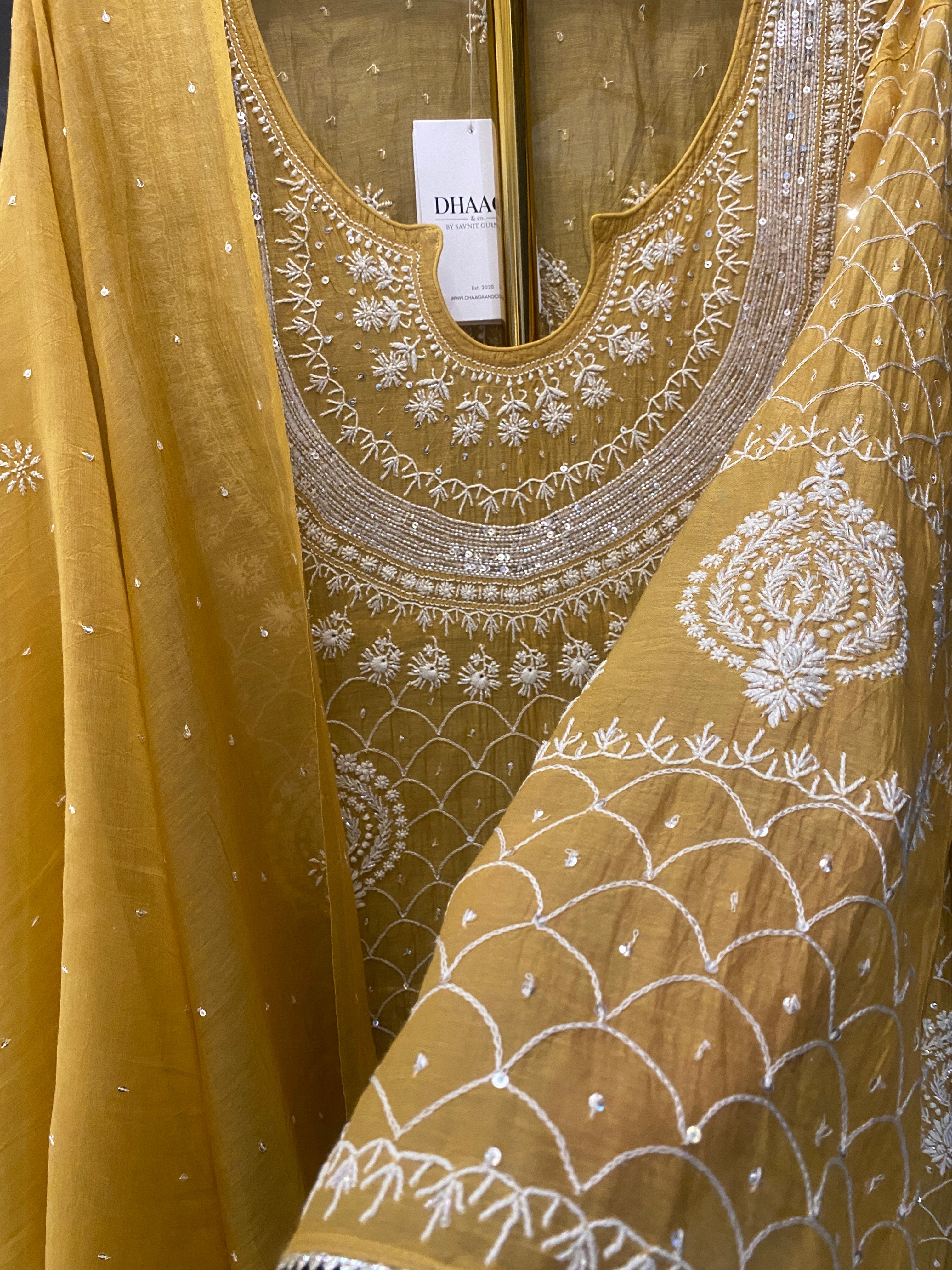 Mustard Mul Chanderi Chikankari Kurta Set