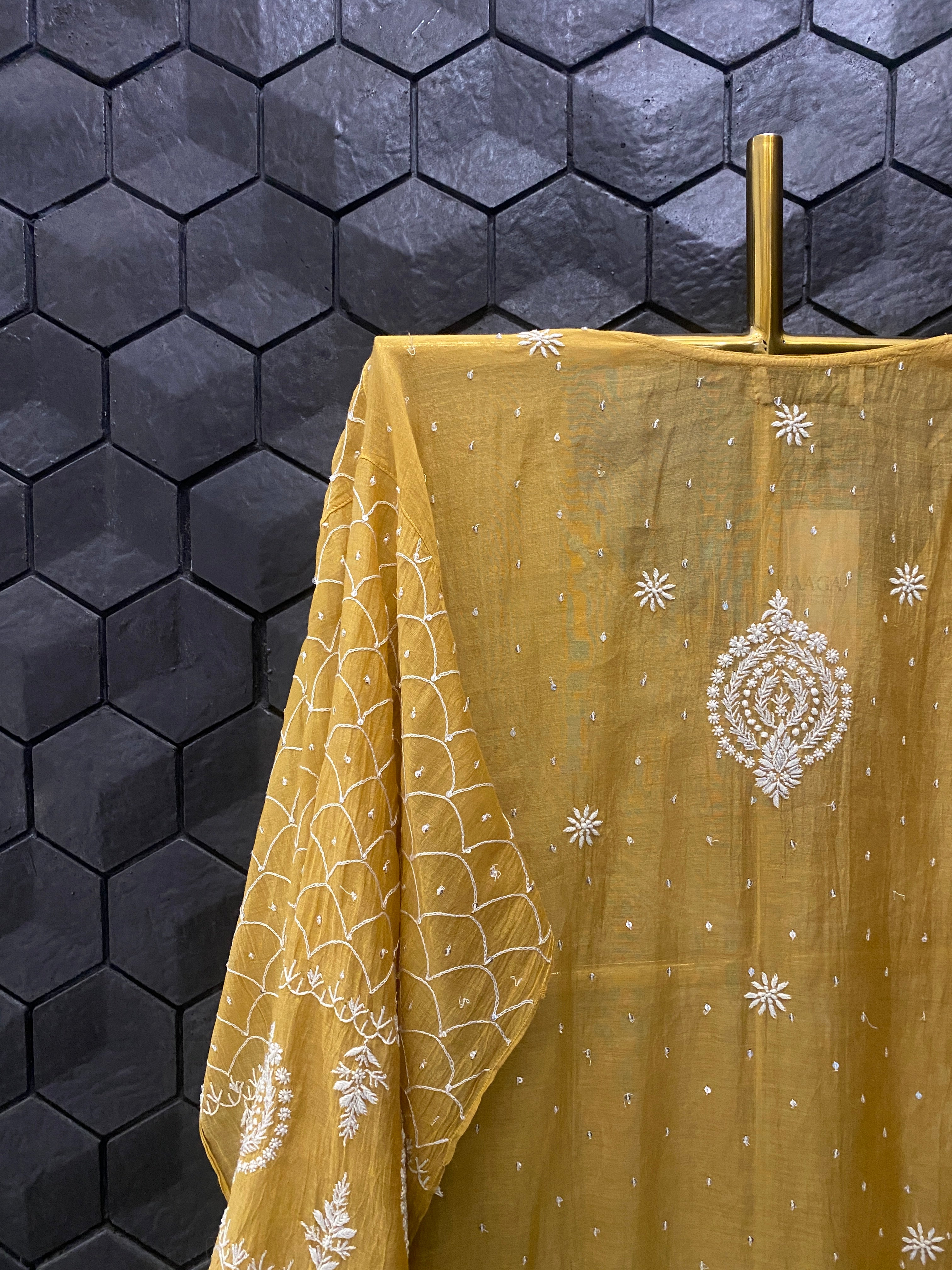 Mustard Mul Chanderi Chikankari Kurta Set