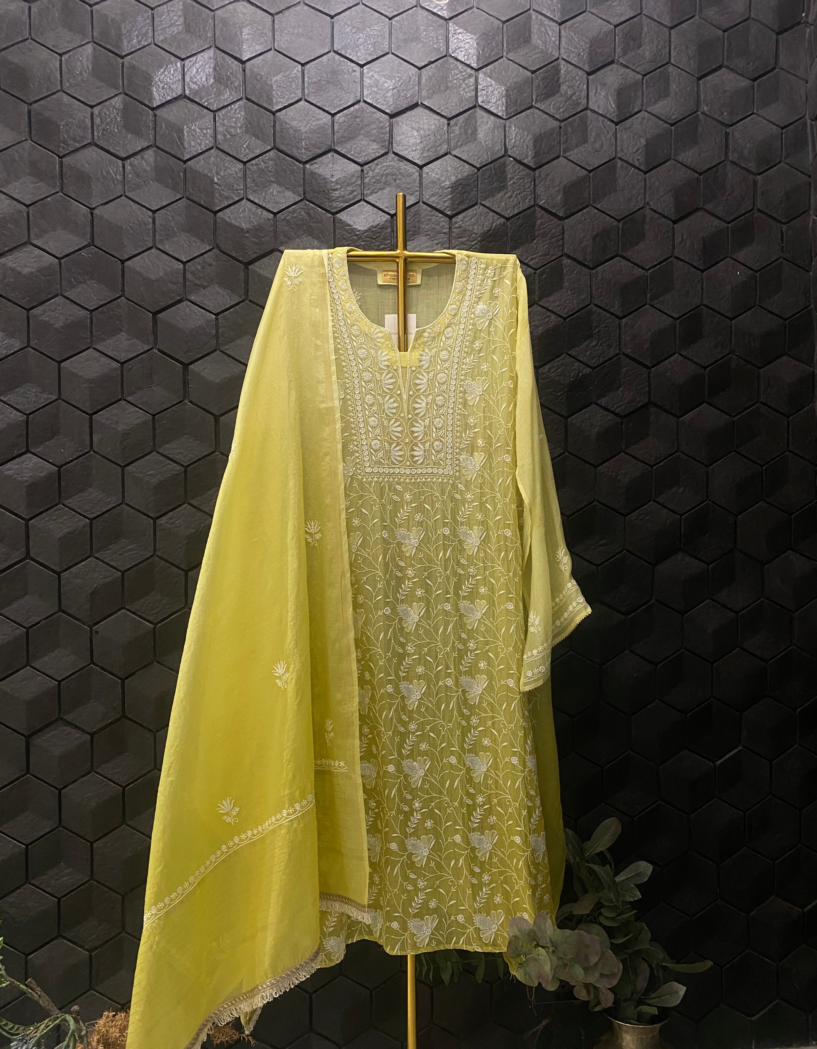 Lime Green Mul Chanderi Chikankari Kurta Set