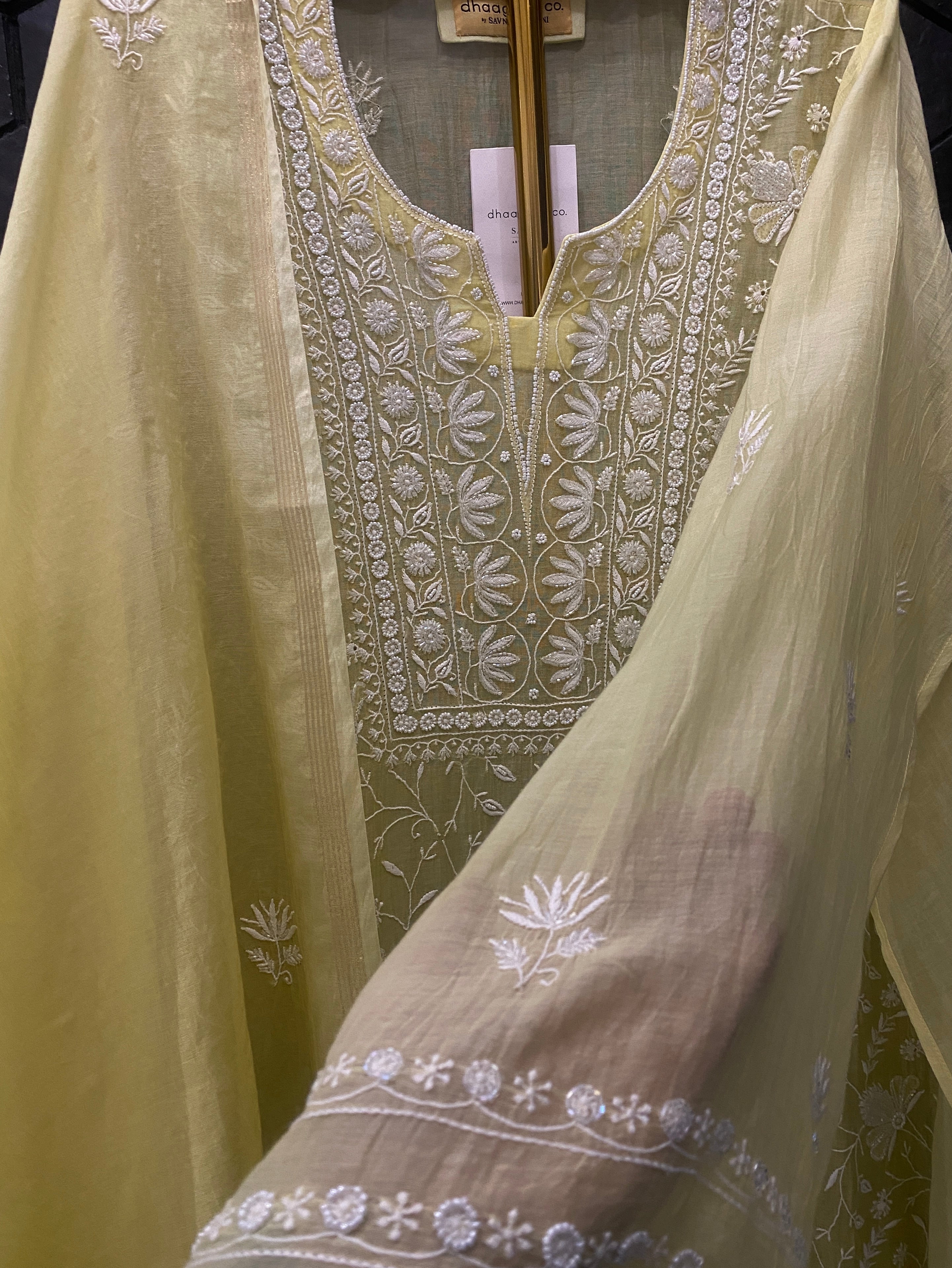 Lime Green Mul Chanderi Chikankari Kurta Set