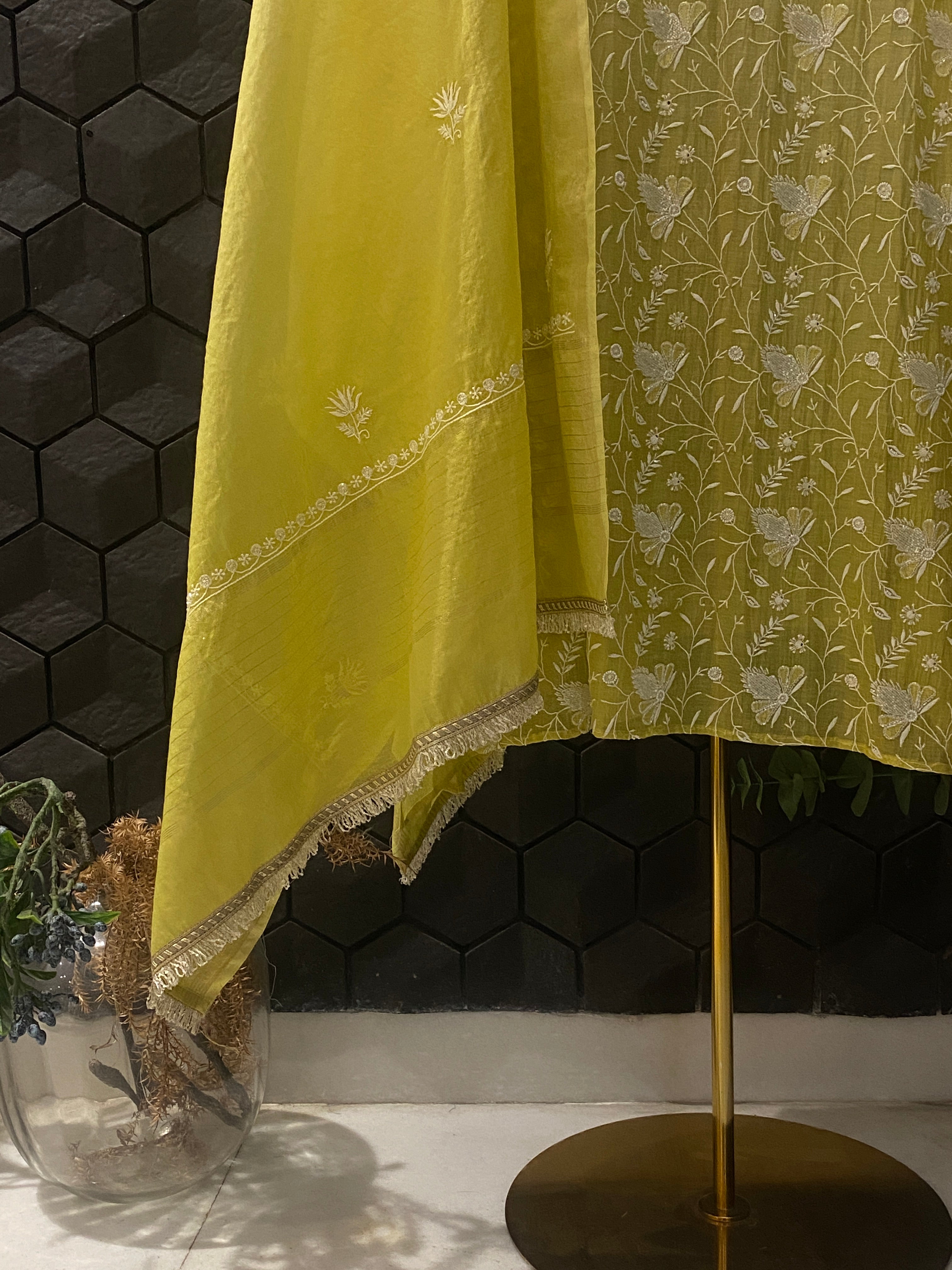 Lime Green Mul Chanderi Chikankari Kurta Set