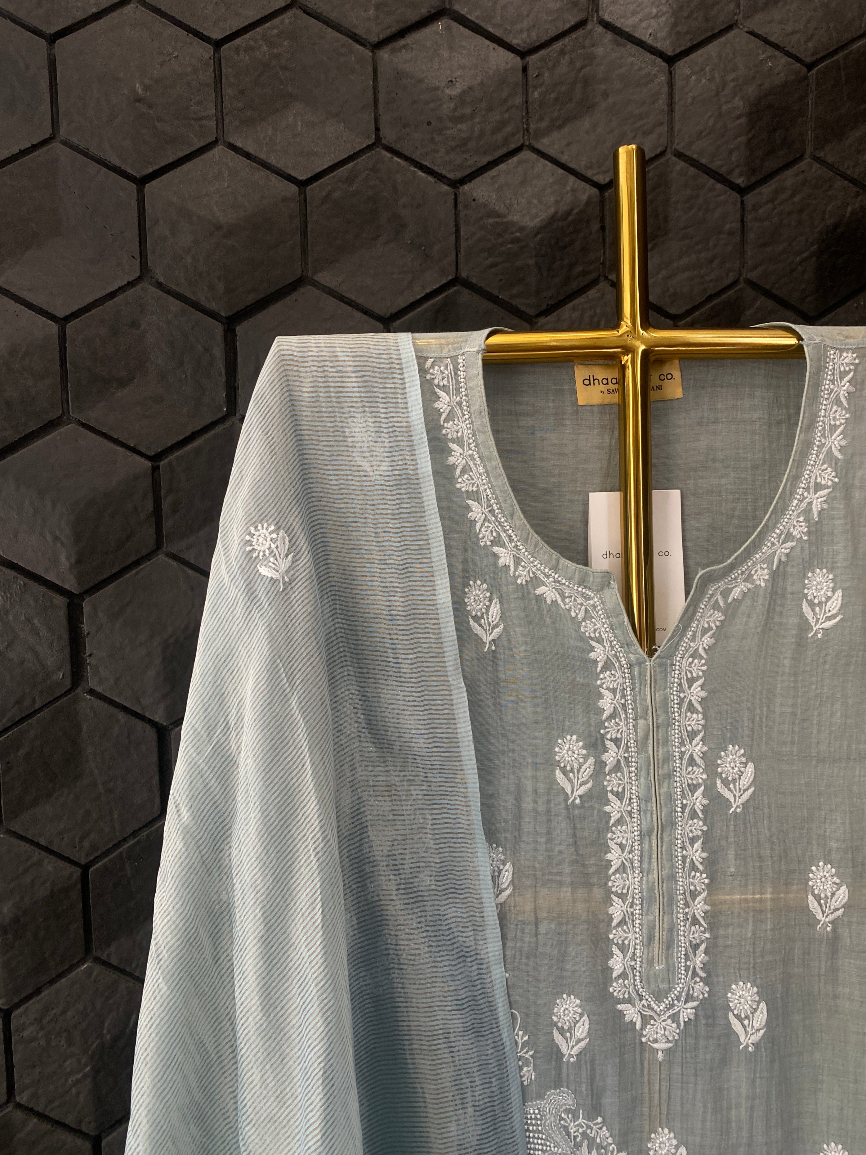 Grey Tissue Chikankari Kurta Set