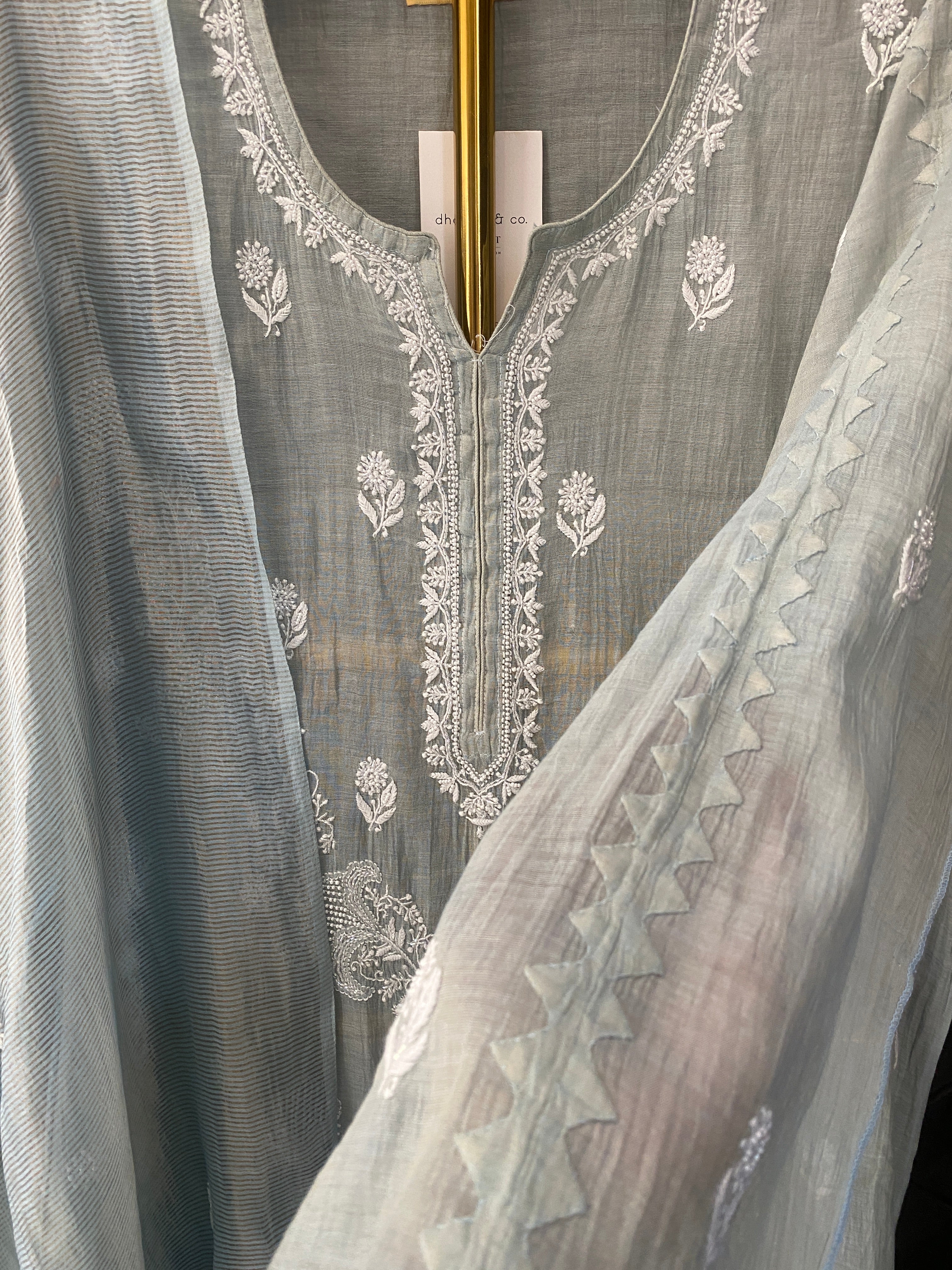 Grey Tissue Chikankari Kurta Set