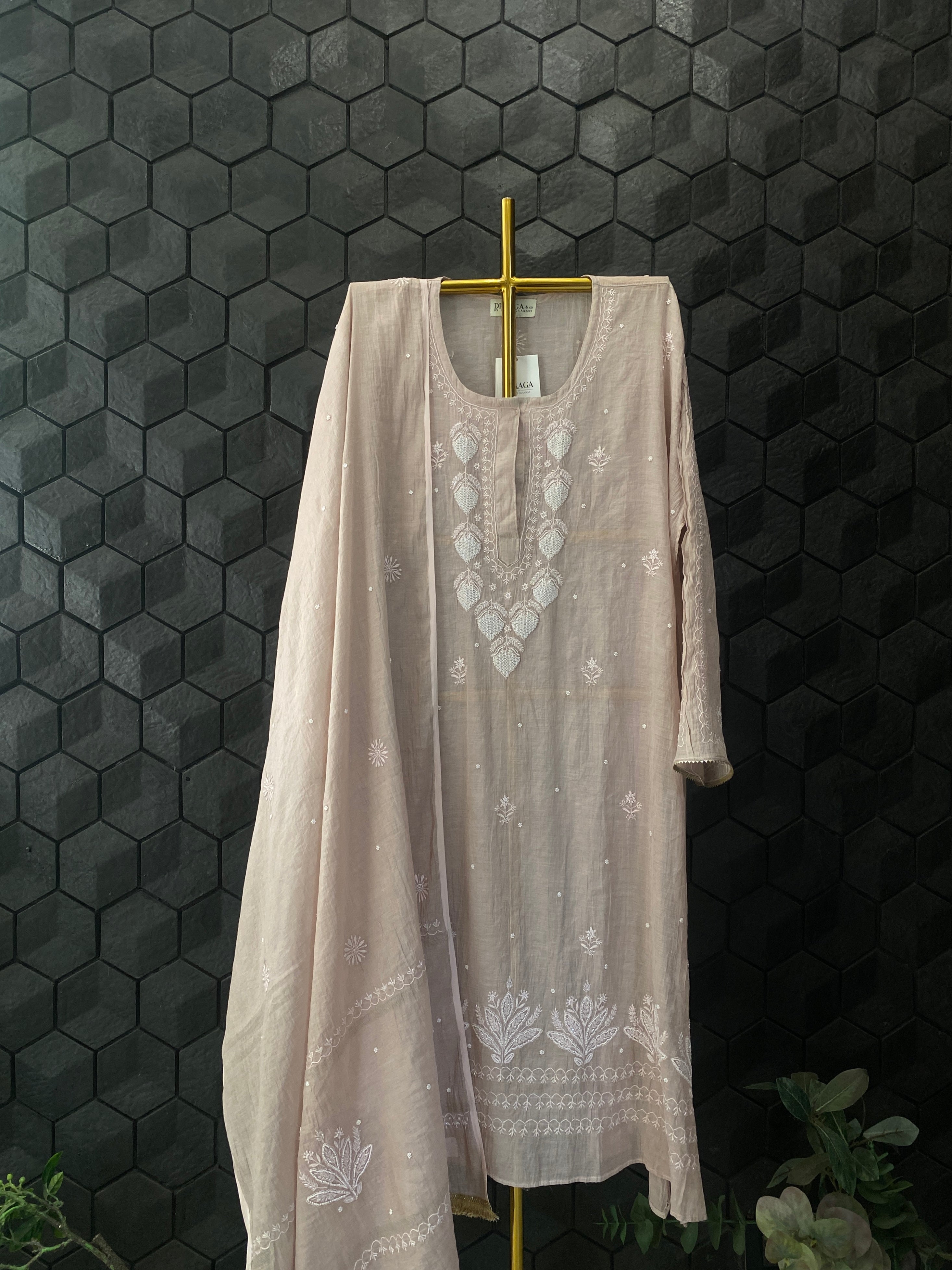 Pink Silver Tissue Chikankari Kurta Set