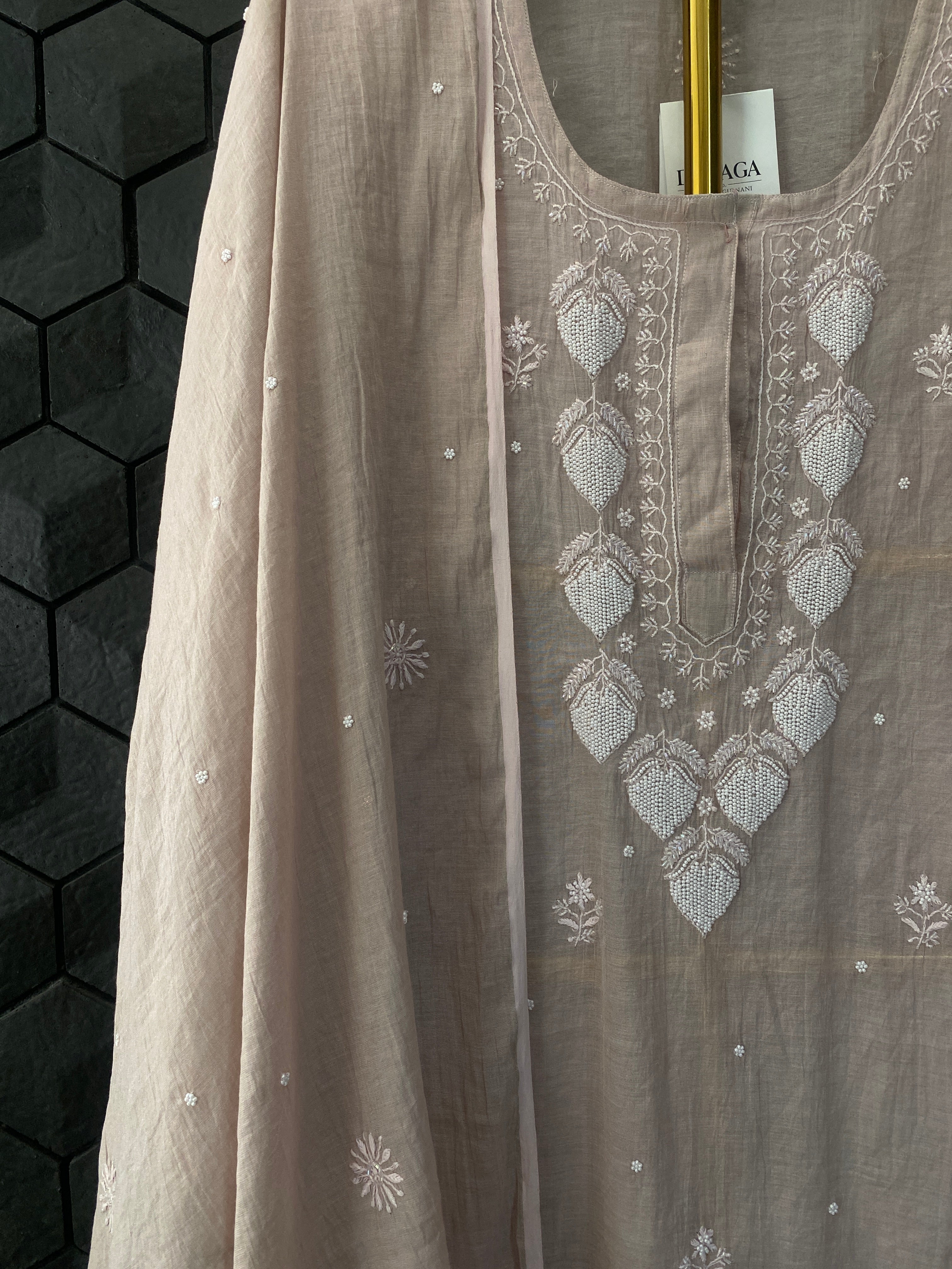 Pink Silver Tissue Chikankari Kurta Set