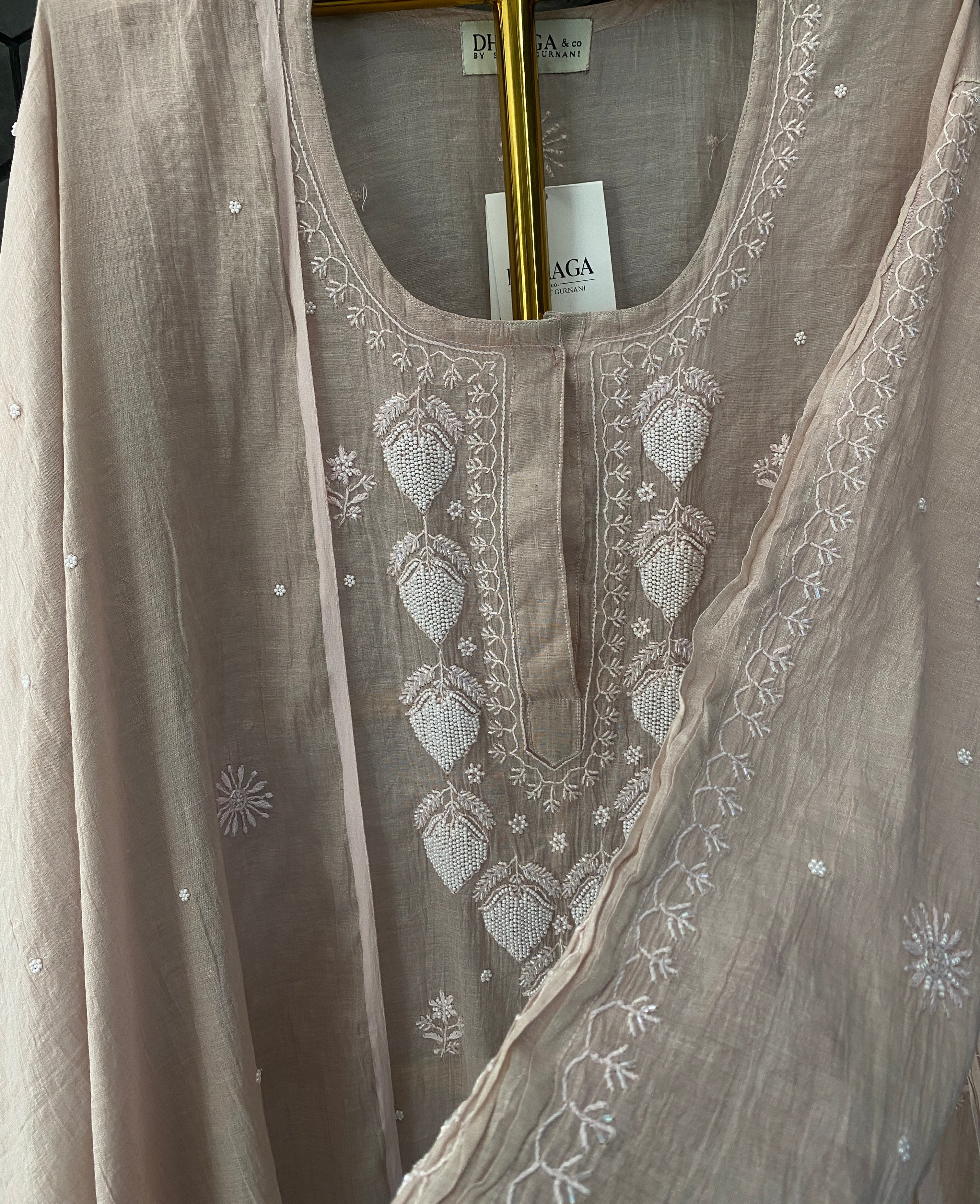 Pink Silver Tissue Chikankari Kurta Set