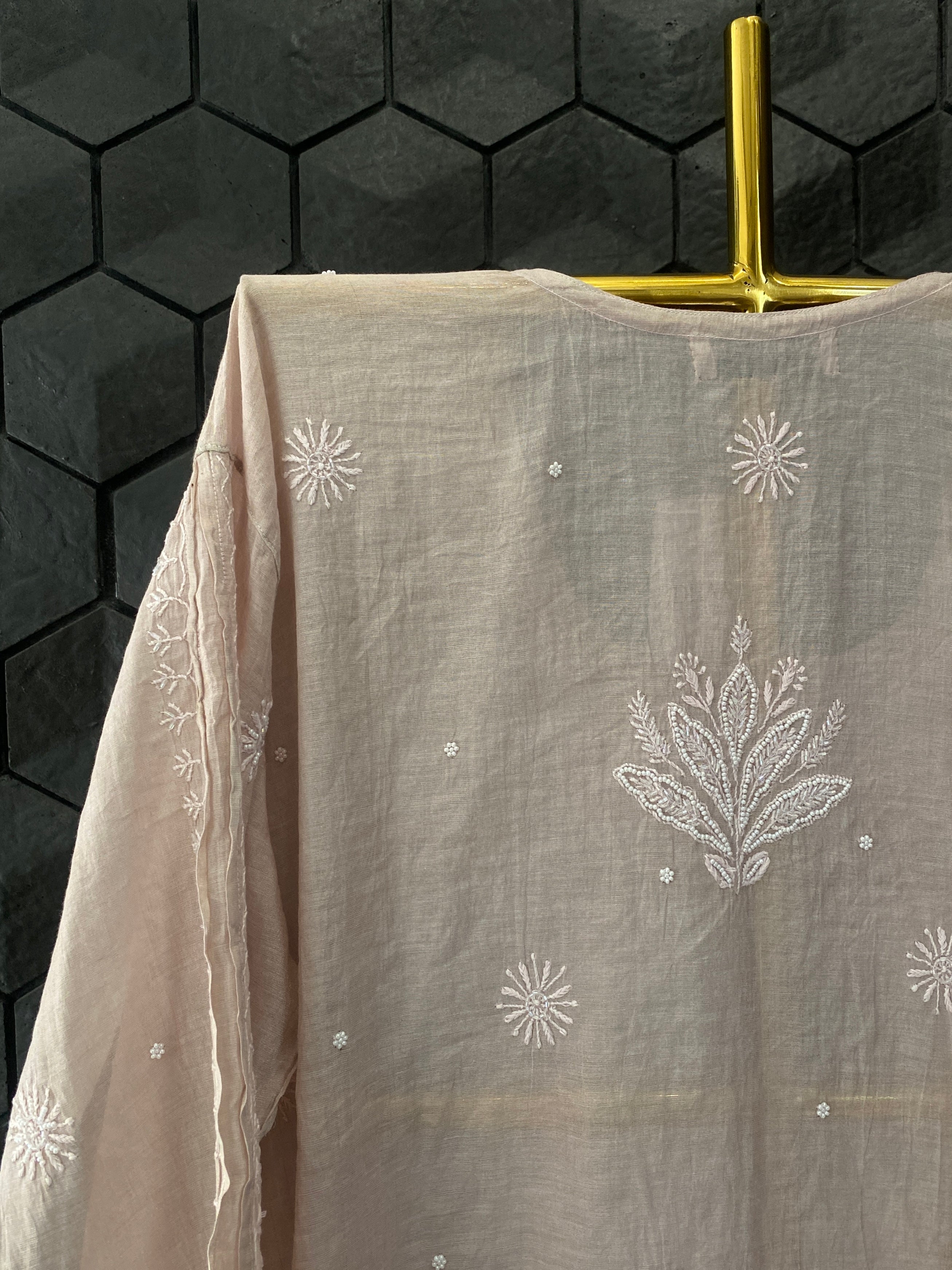 Pink Silver Tissue Chikankari Kurta Set