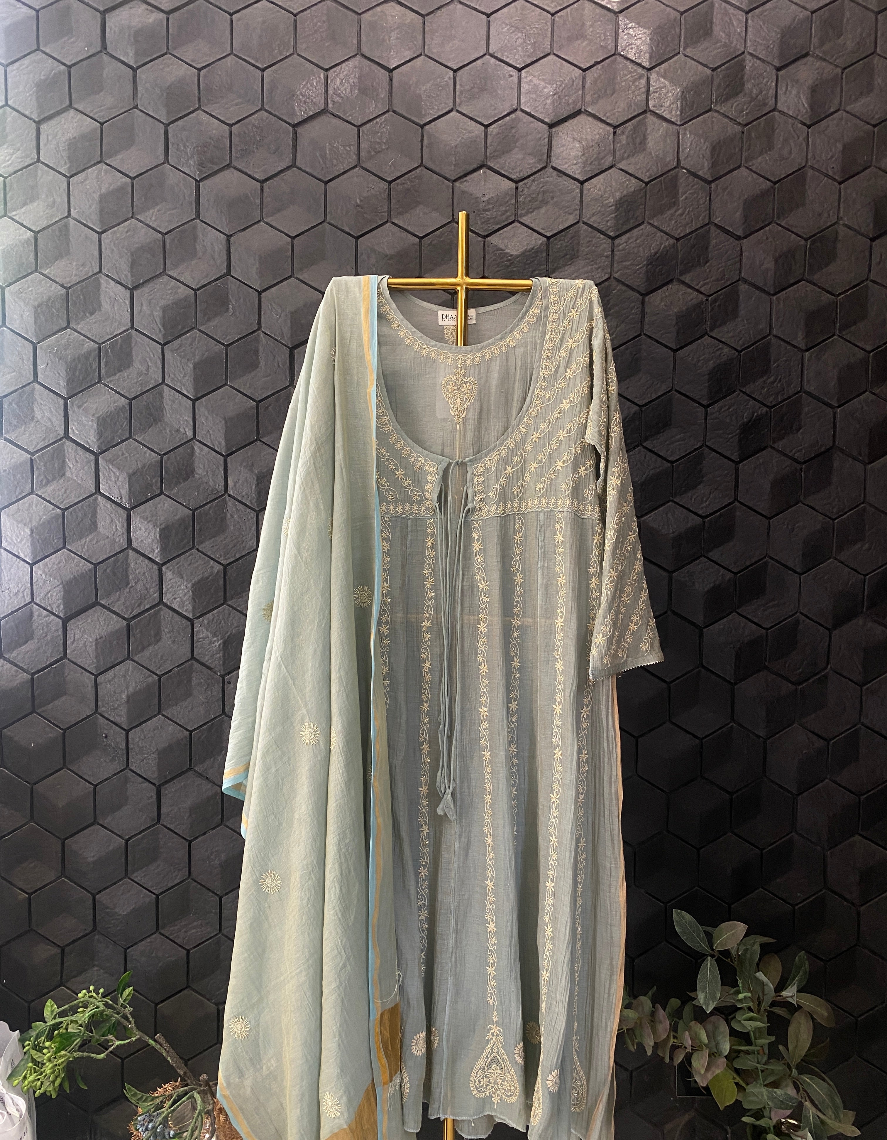 Sage Green Tissue Chikankari Kurta Set