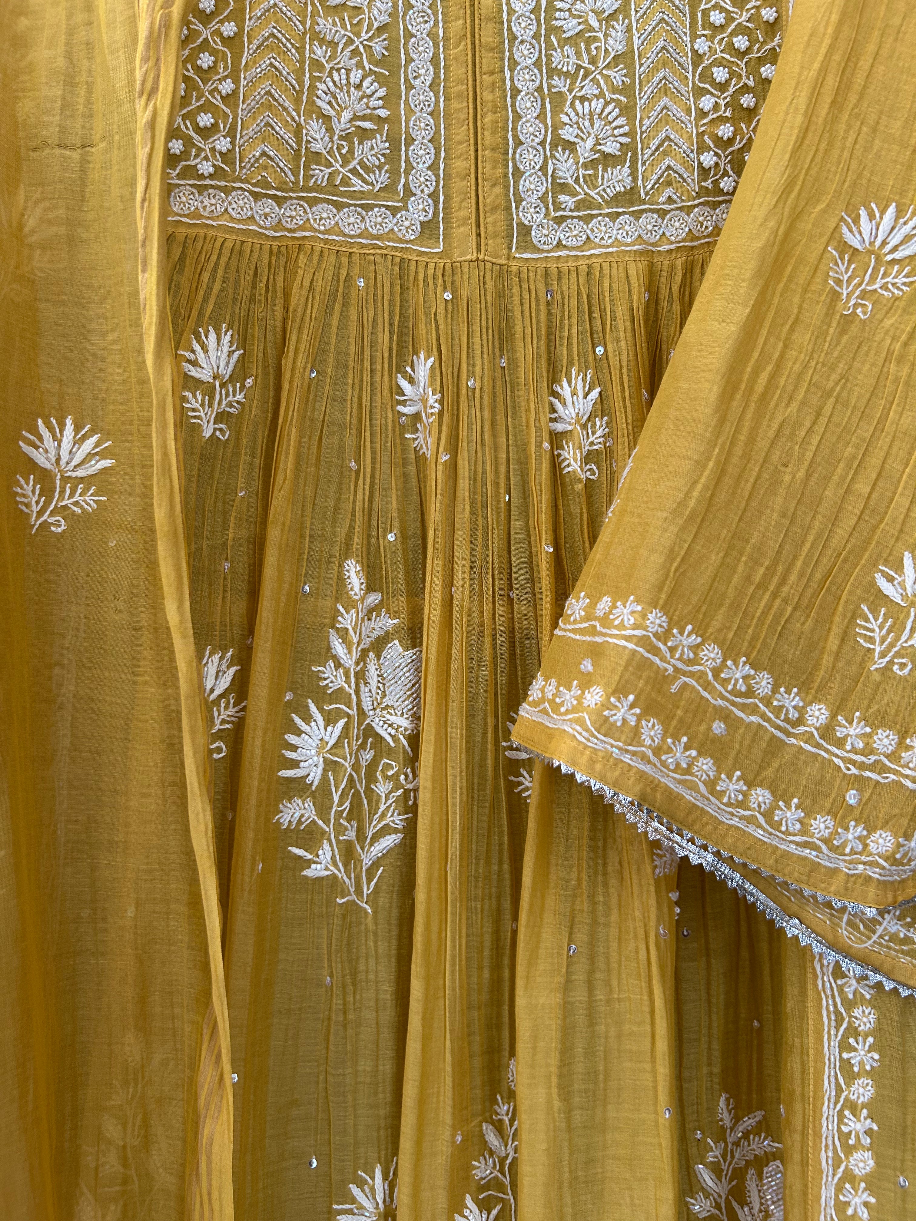 Mustard Mul Chanderi Chikankari Angarkha  Kurta Set