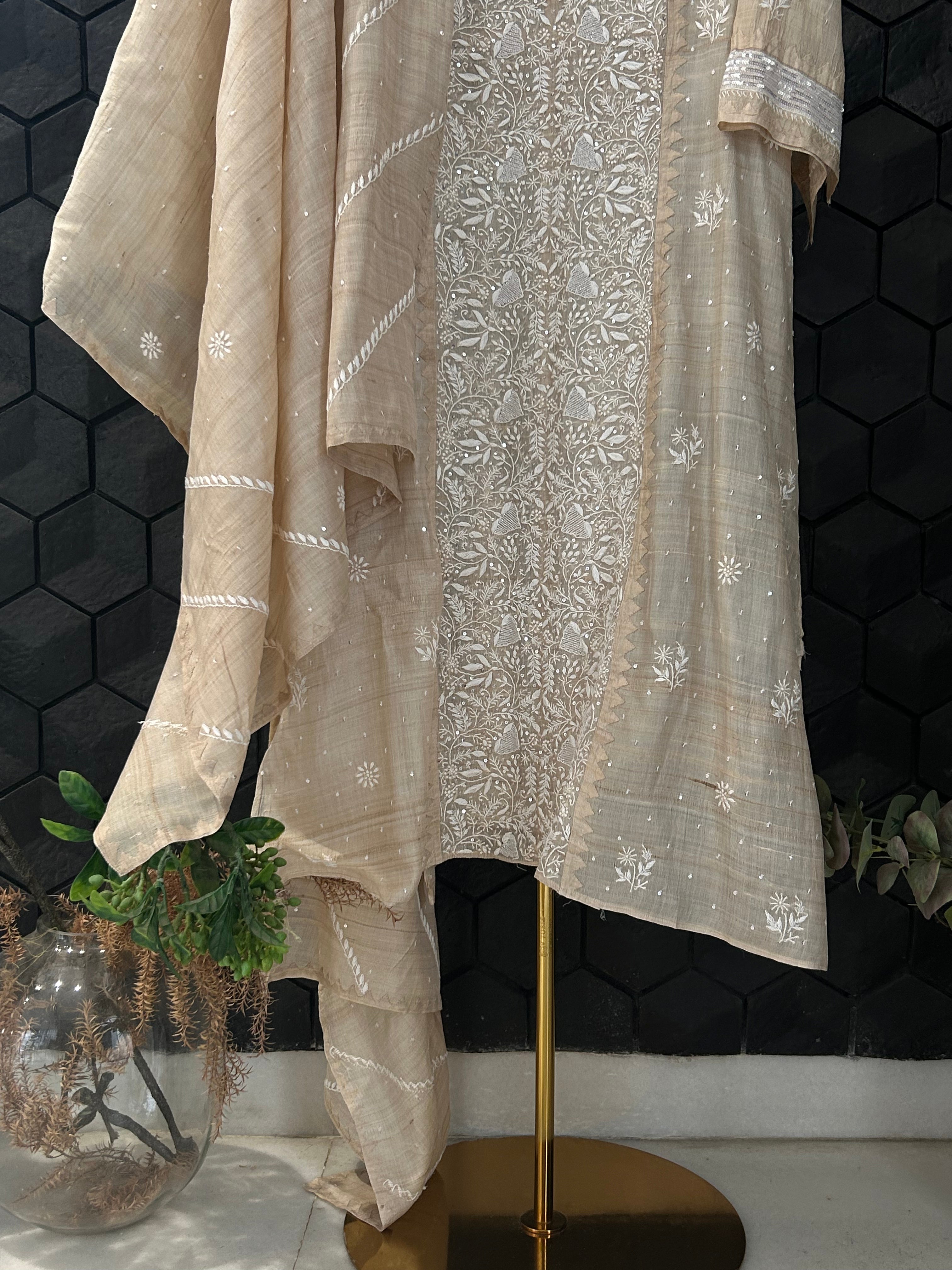 Beige Silk Chikankari Kurta Set