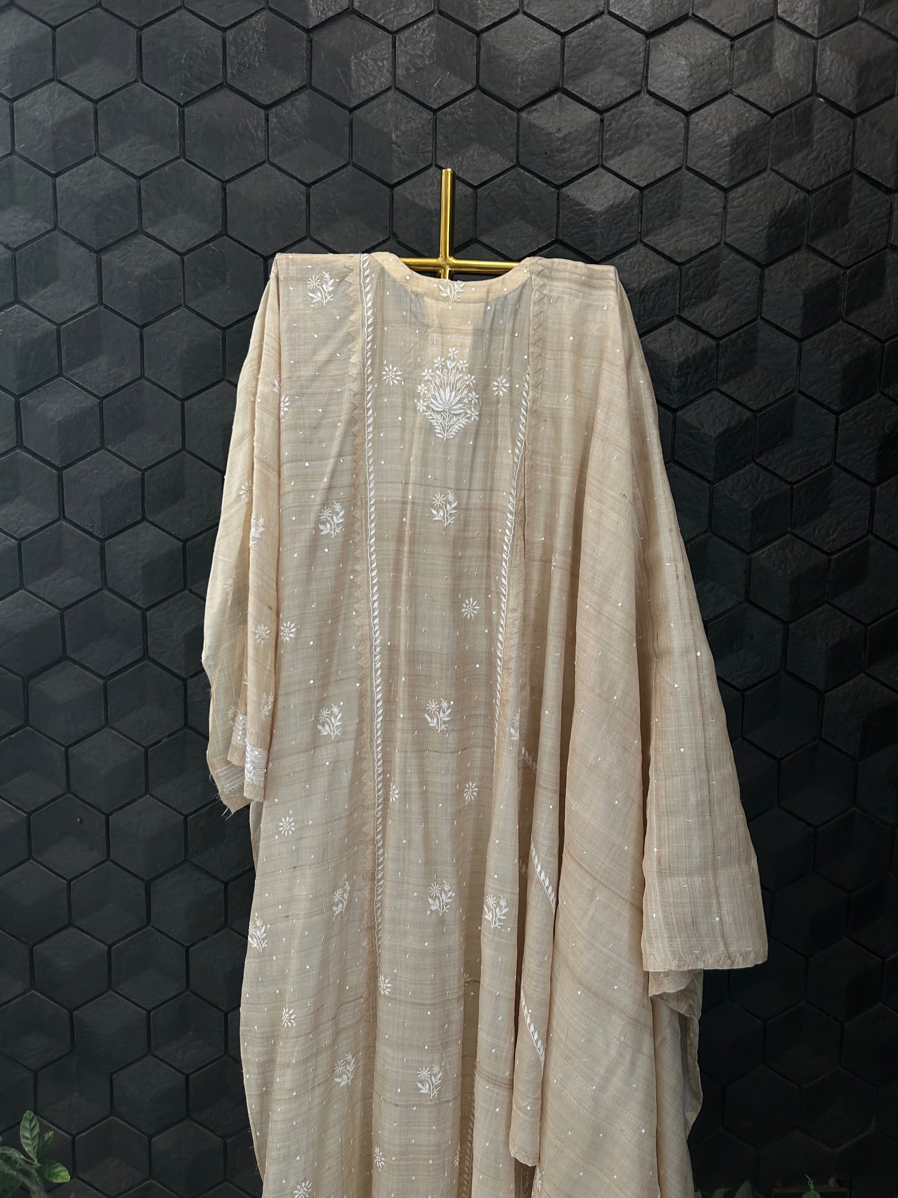 Beige Silk Chikankari Kurta Set