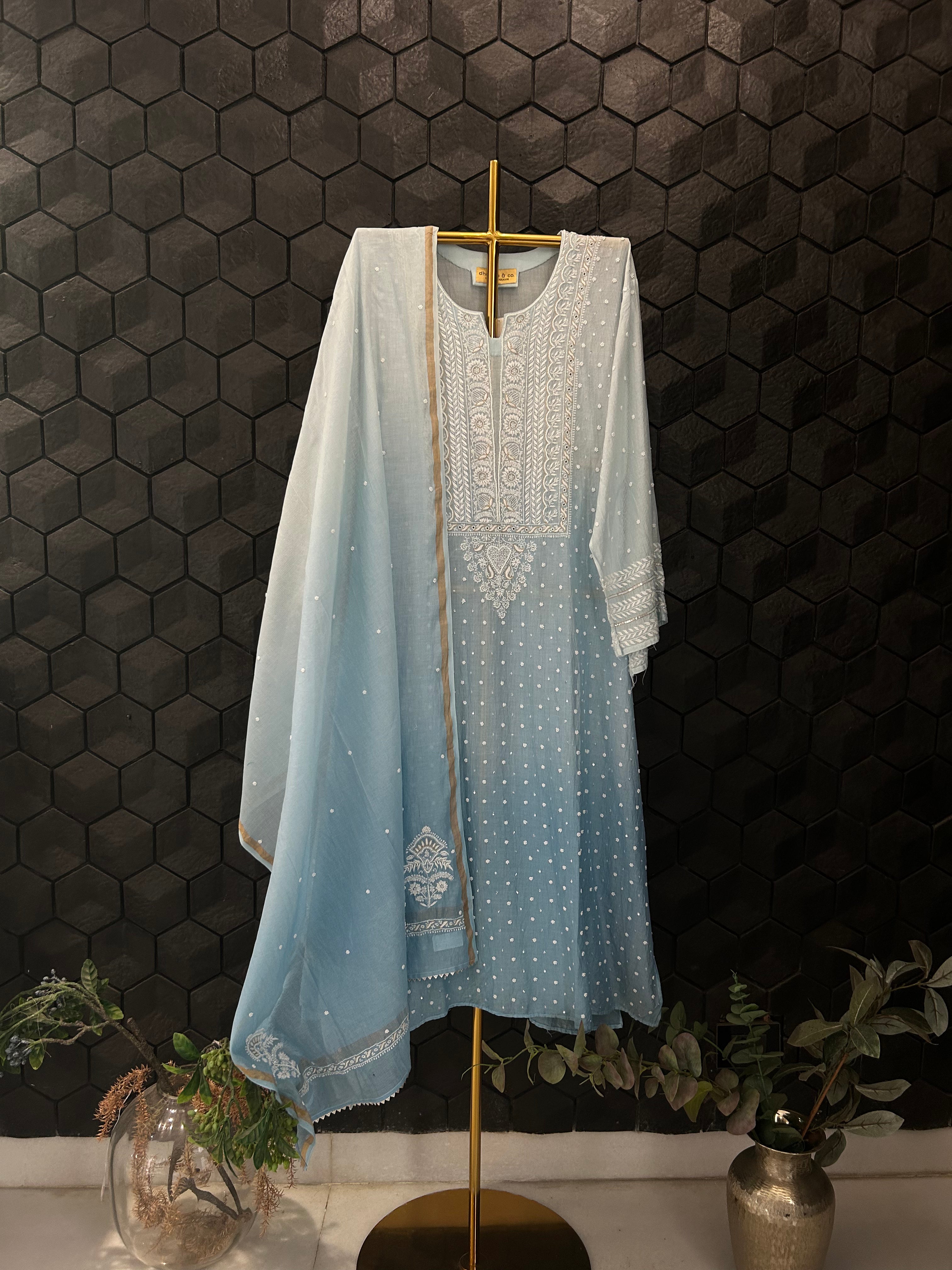 Sky Blue Ombre Maheshwari Chanderi Chikankari Kurta Set