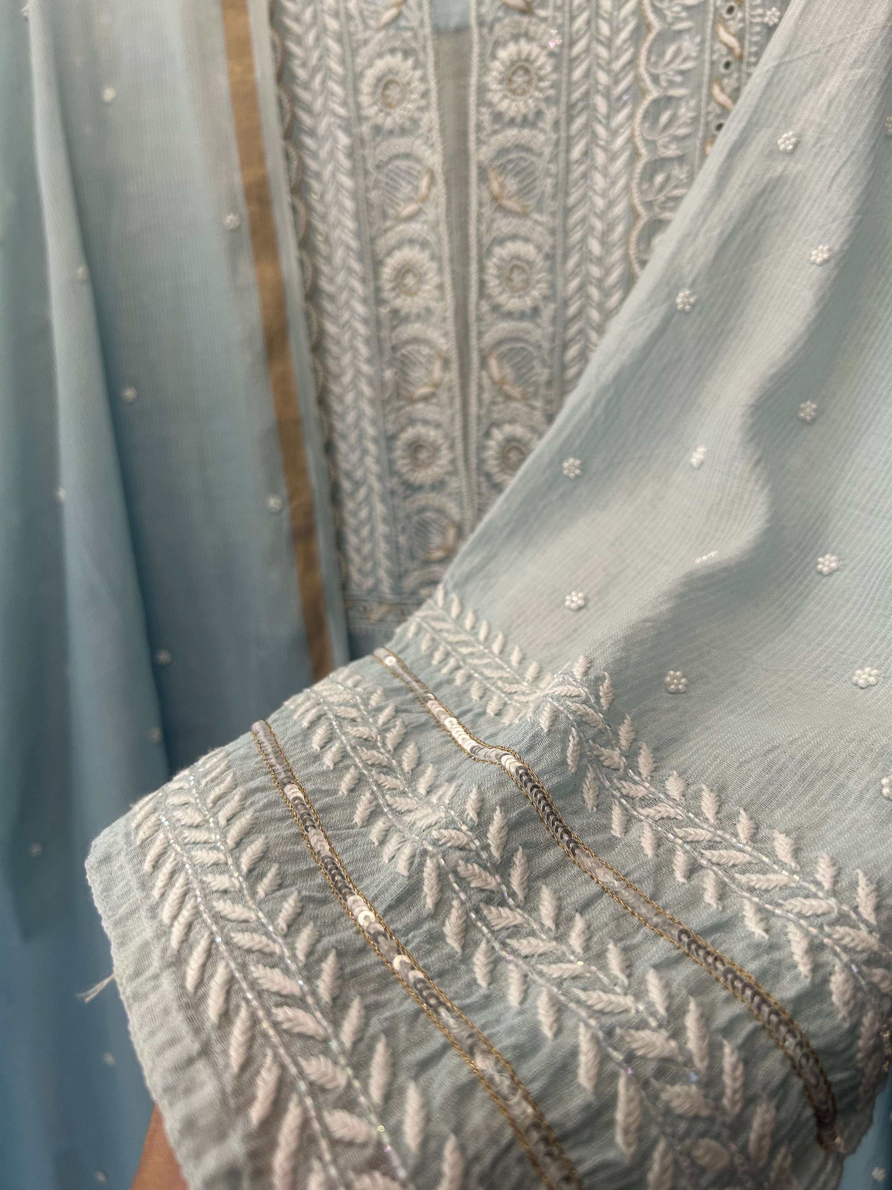 Sky Blue Ombre Maheshwari Chanderi Chikankari Kurta Set