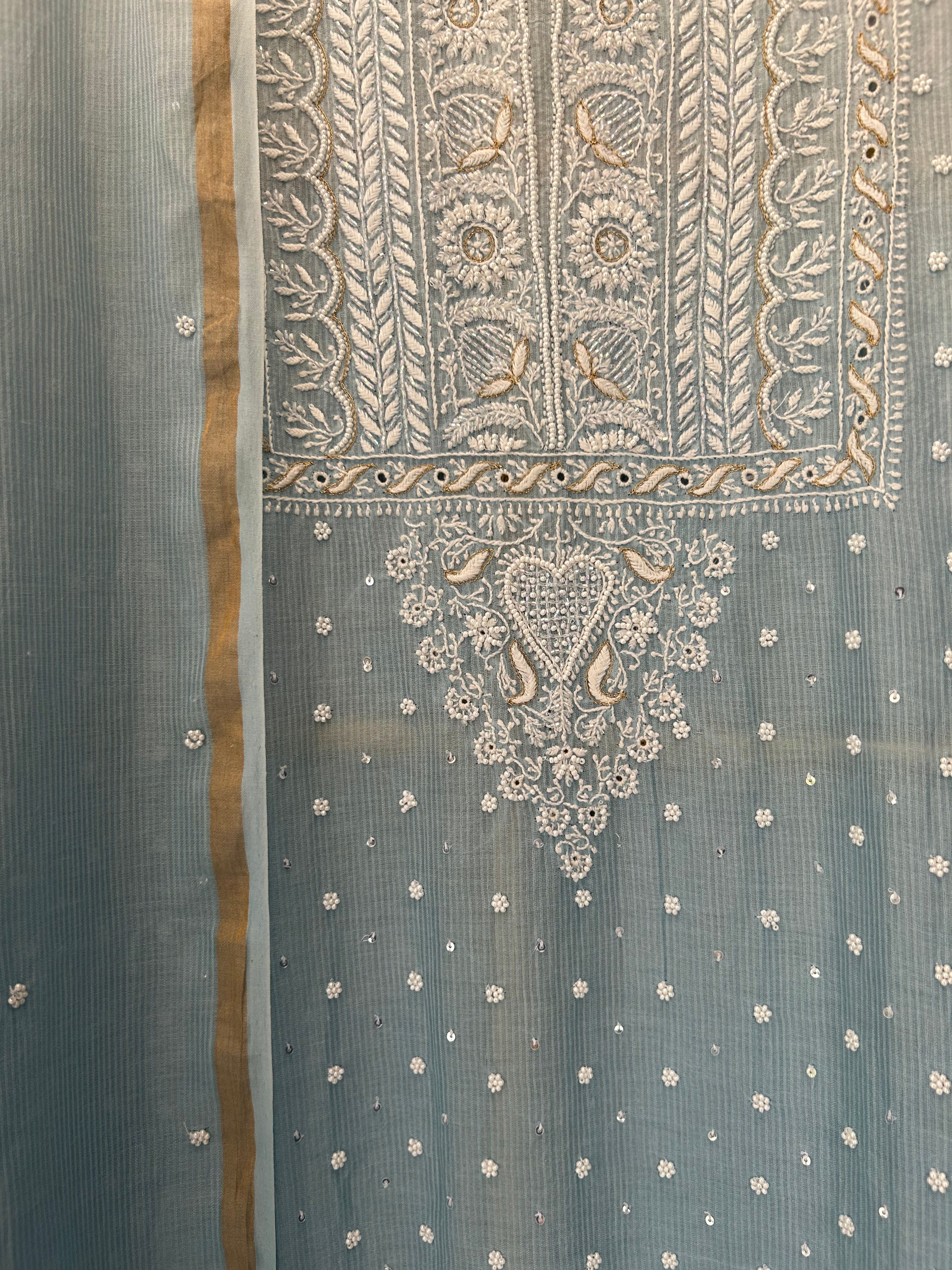 Sky Blue Ombre Maheshwari Chanderi Chikankari Kurta Set