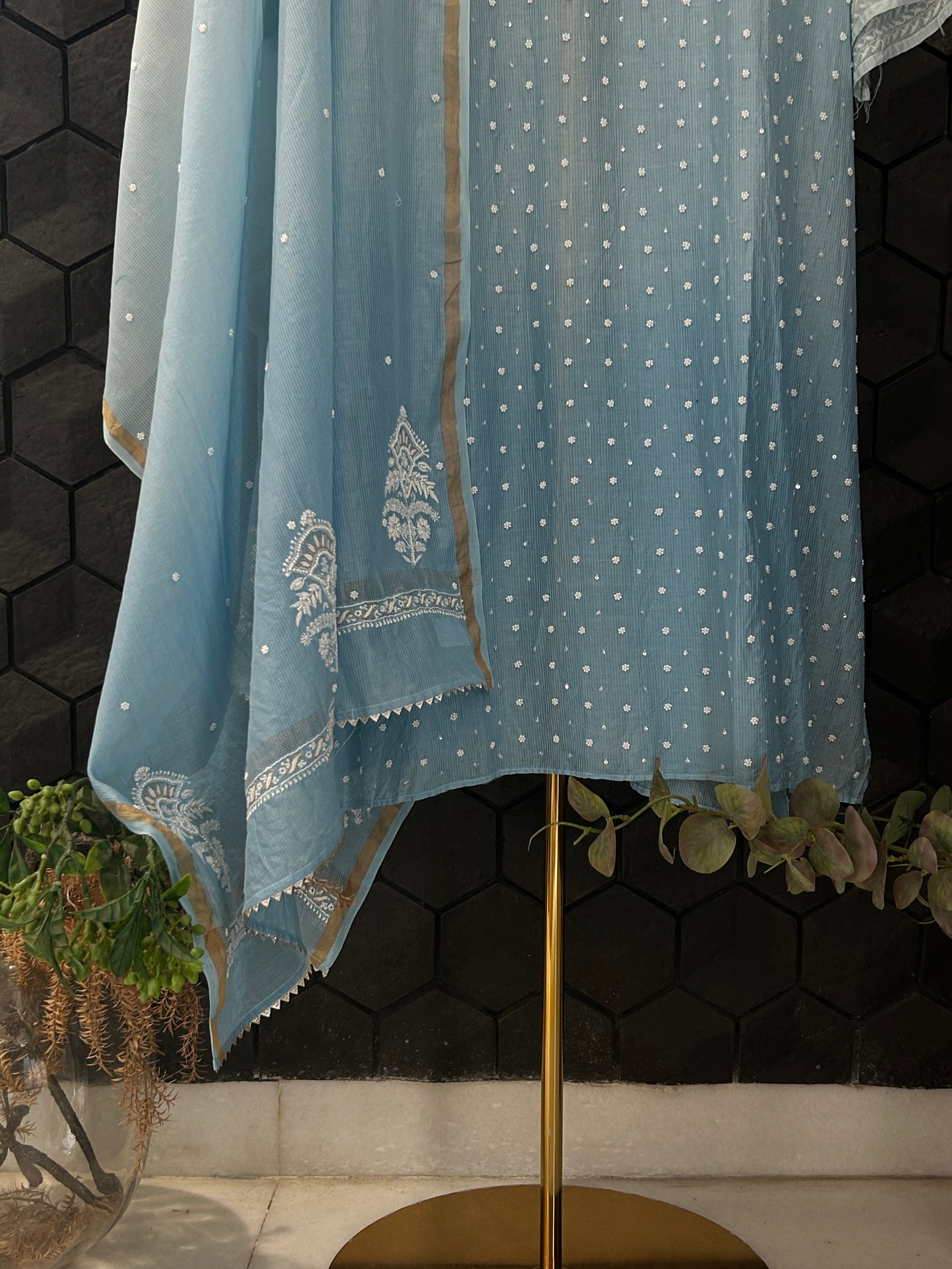 Sky Blue Ombre Maheshwari Chanderi Chikankari Kurta Set