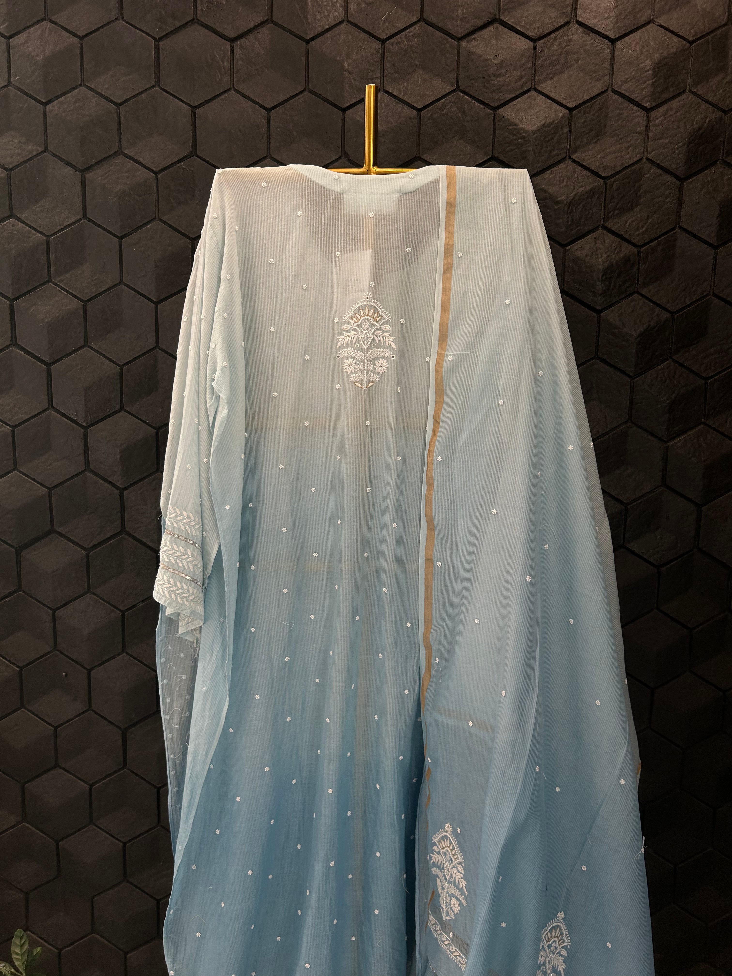 Sky Blue Ombre Maheshwari Chanderi Chikankari Kurta Set