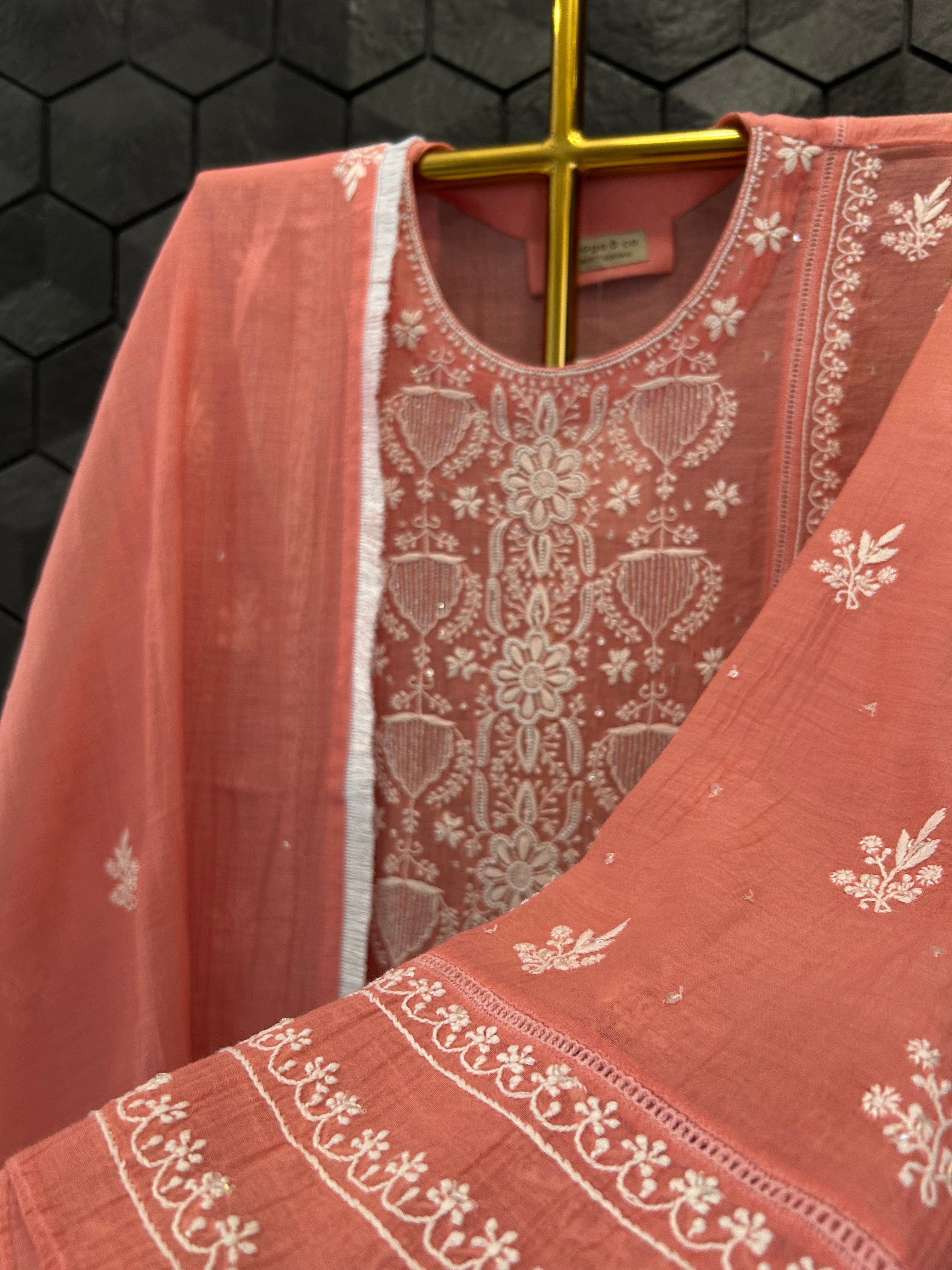 Pink Mul Chanderi Chikankari  Bird Motif Kurta Set