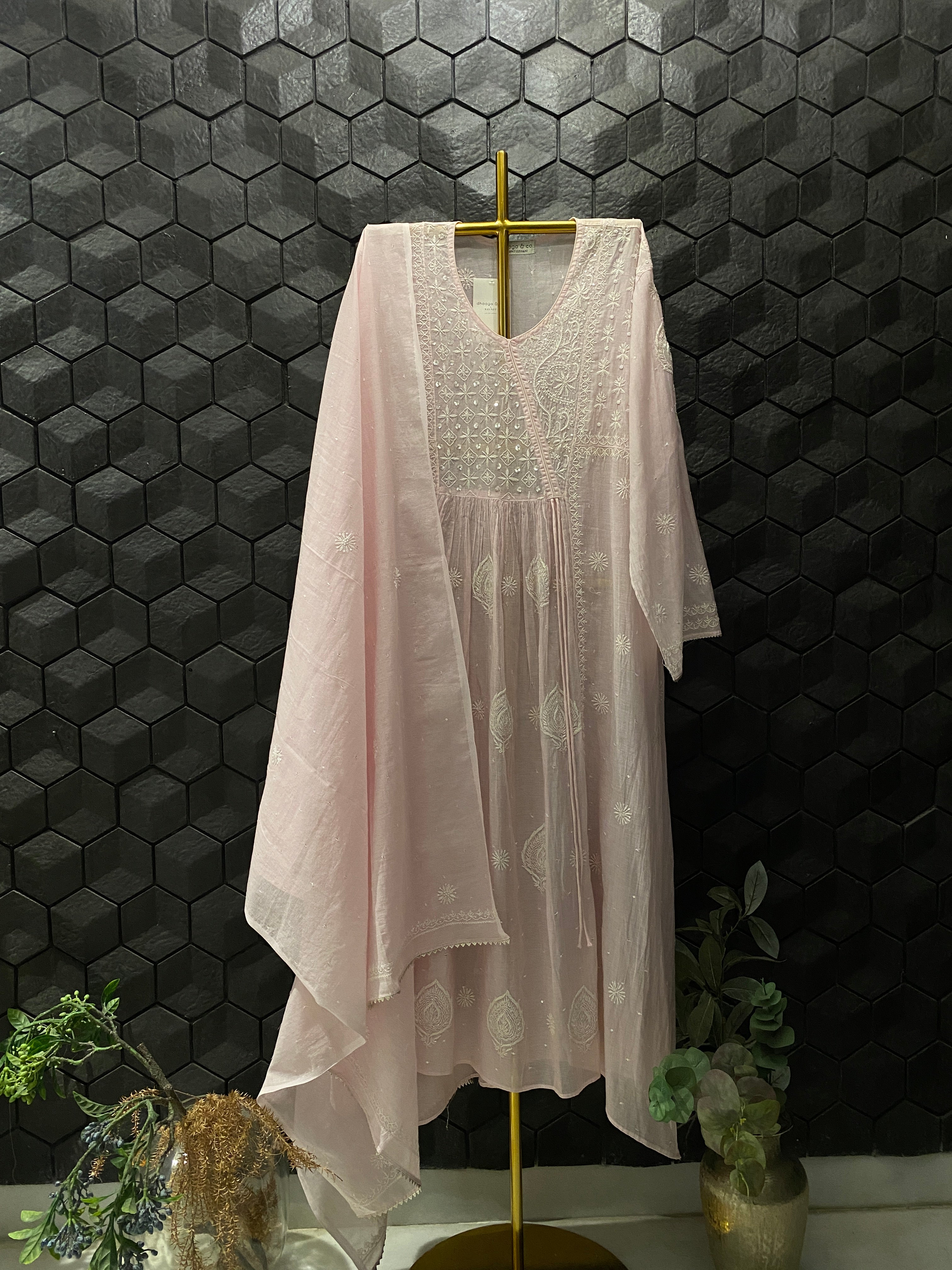 Pink Mul Chanderi Chikankari Kurta Set