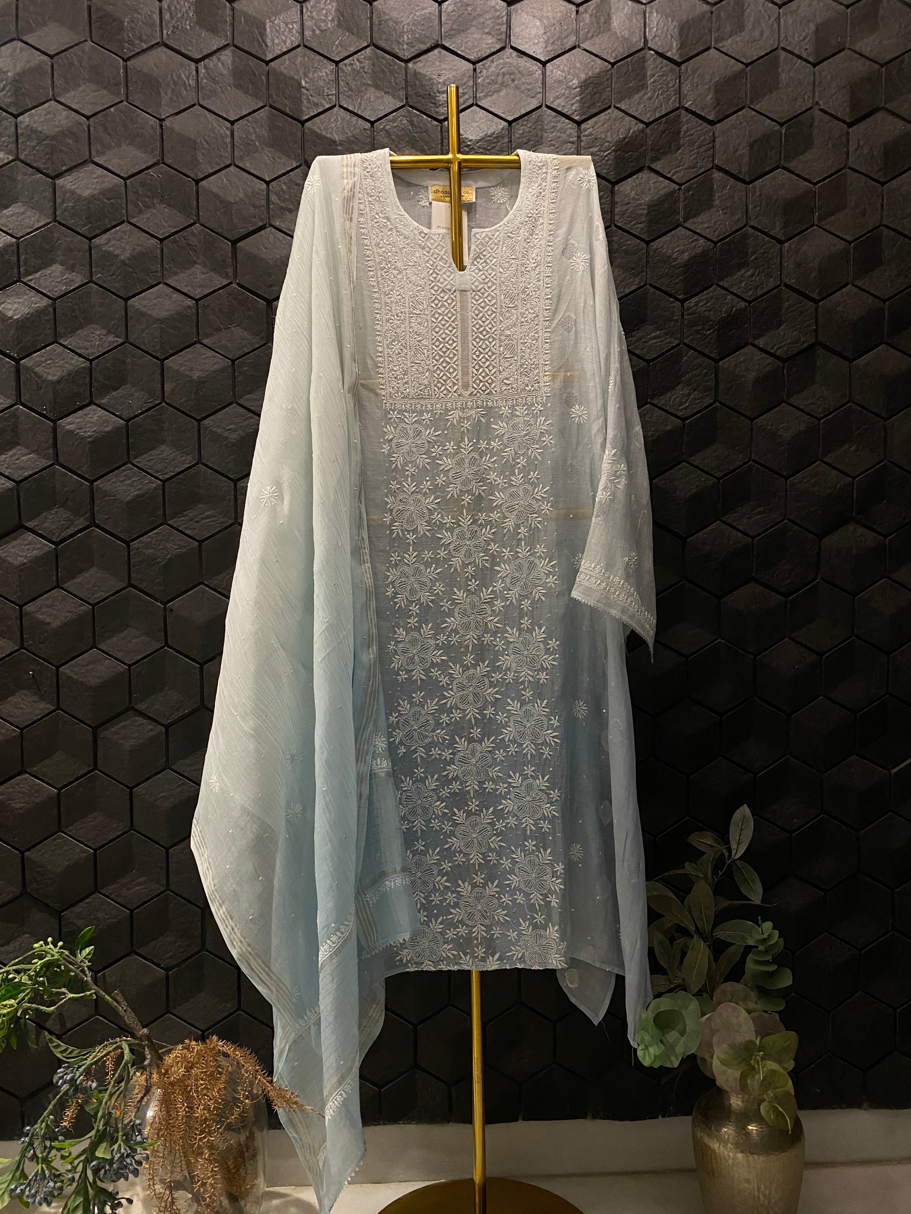 Sky Blue Mul Chanderi Chikankari Kurta Set