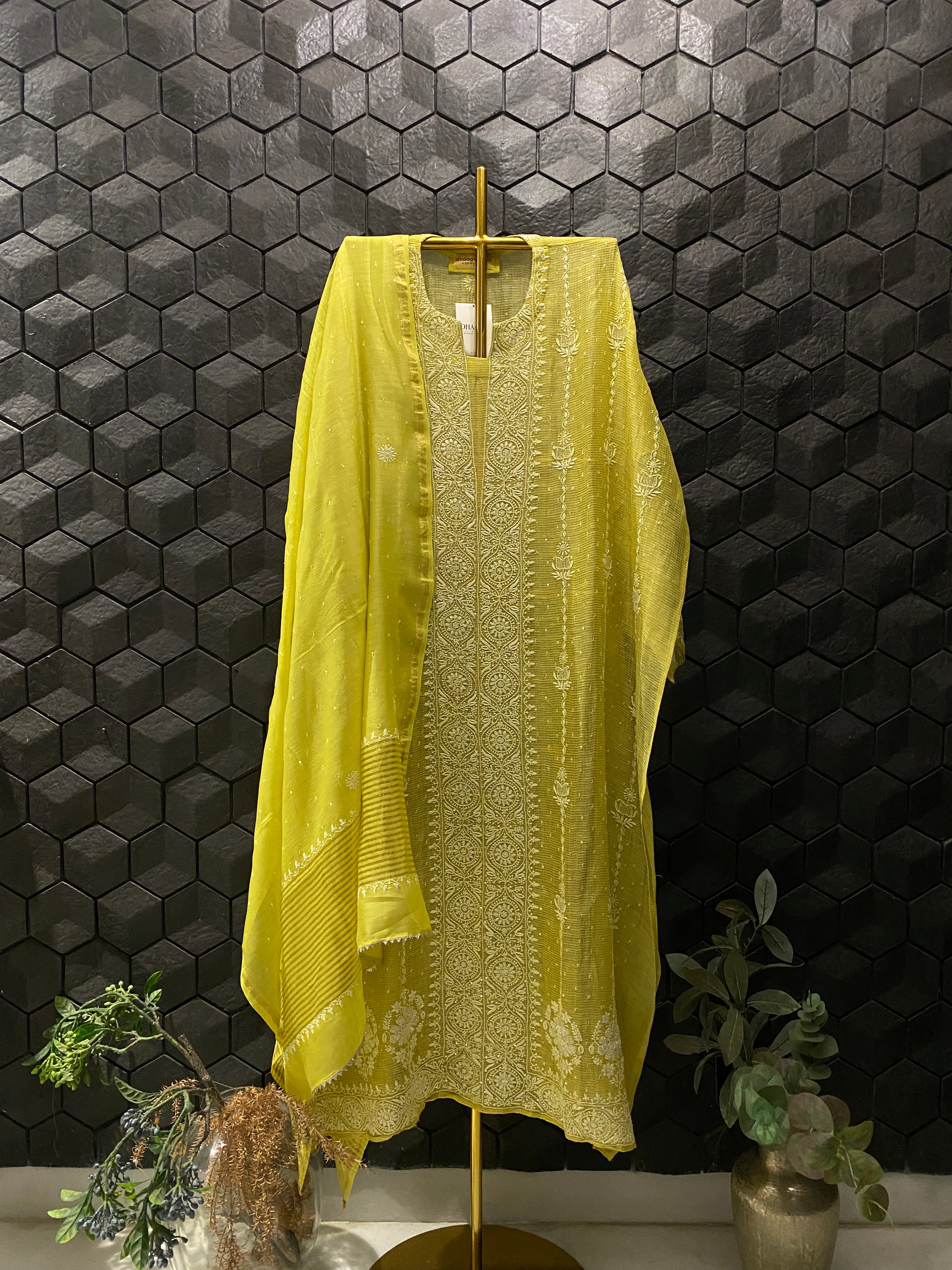 Lime Green Tissue Kota Chikankari Kurta Set