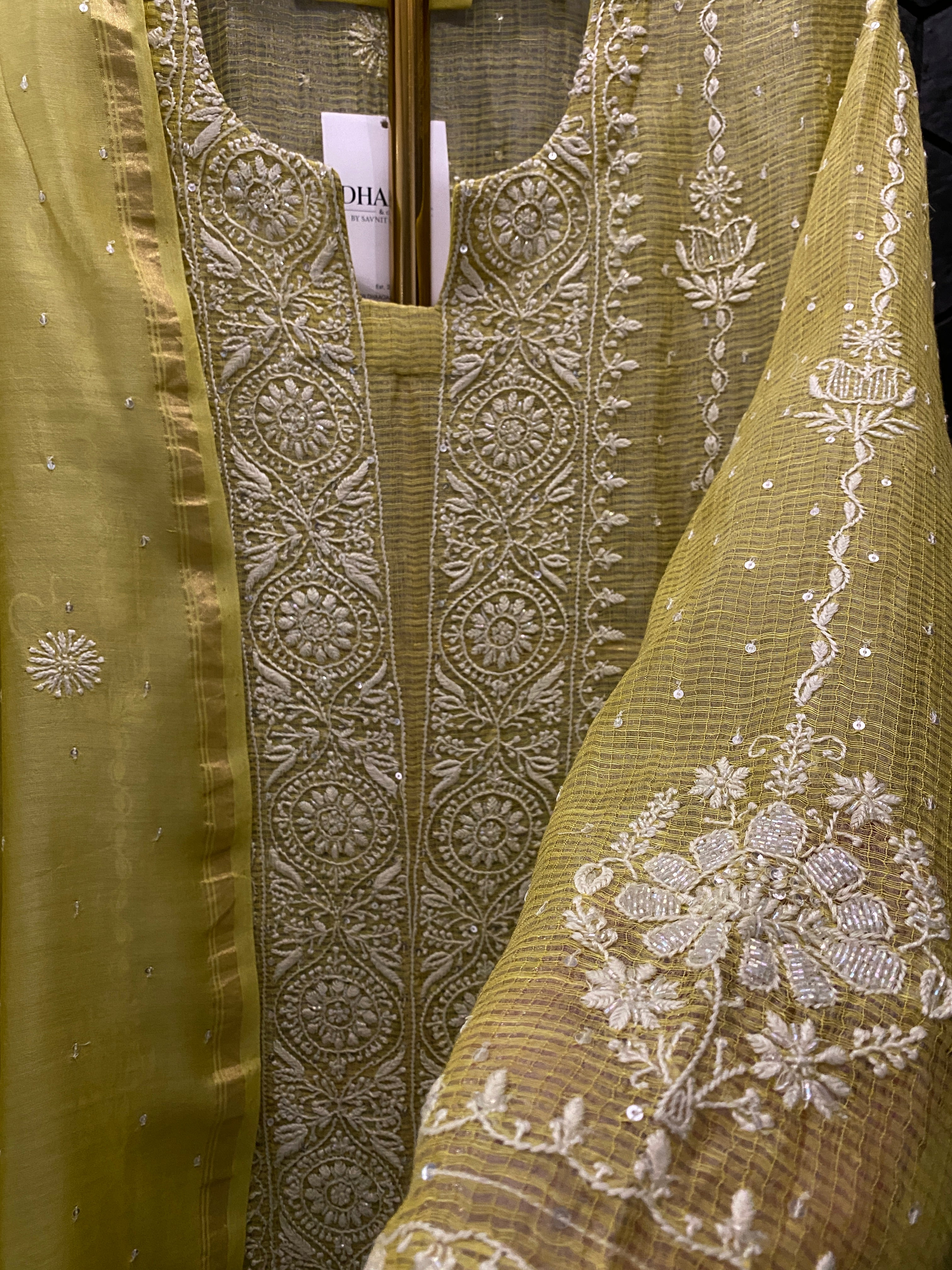 Lime Green Tissue Kota Chikankari Kurta Set