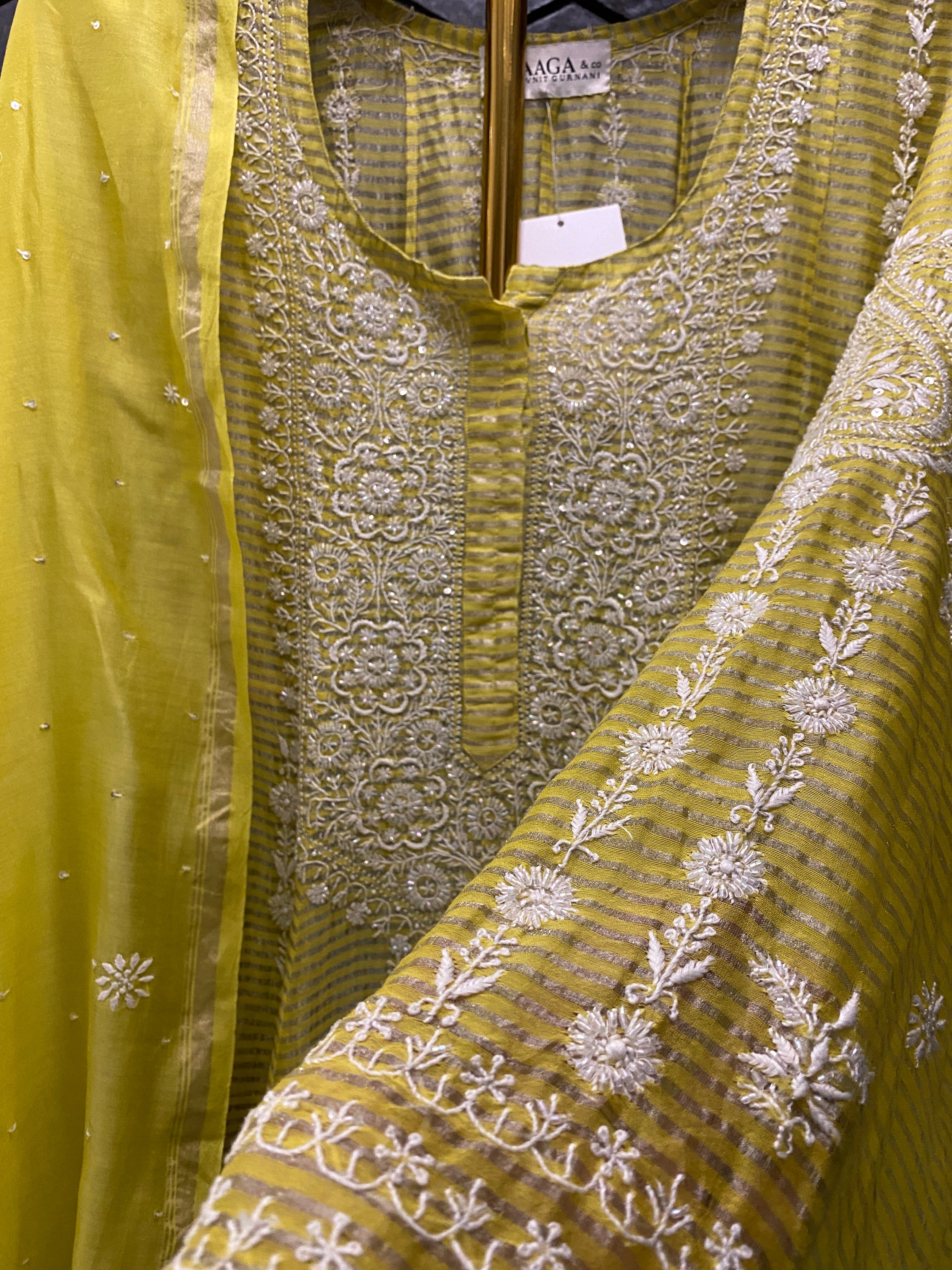 Lime Green Striped Tissue Chikankari Anarkali Set