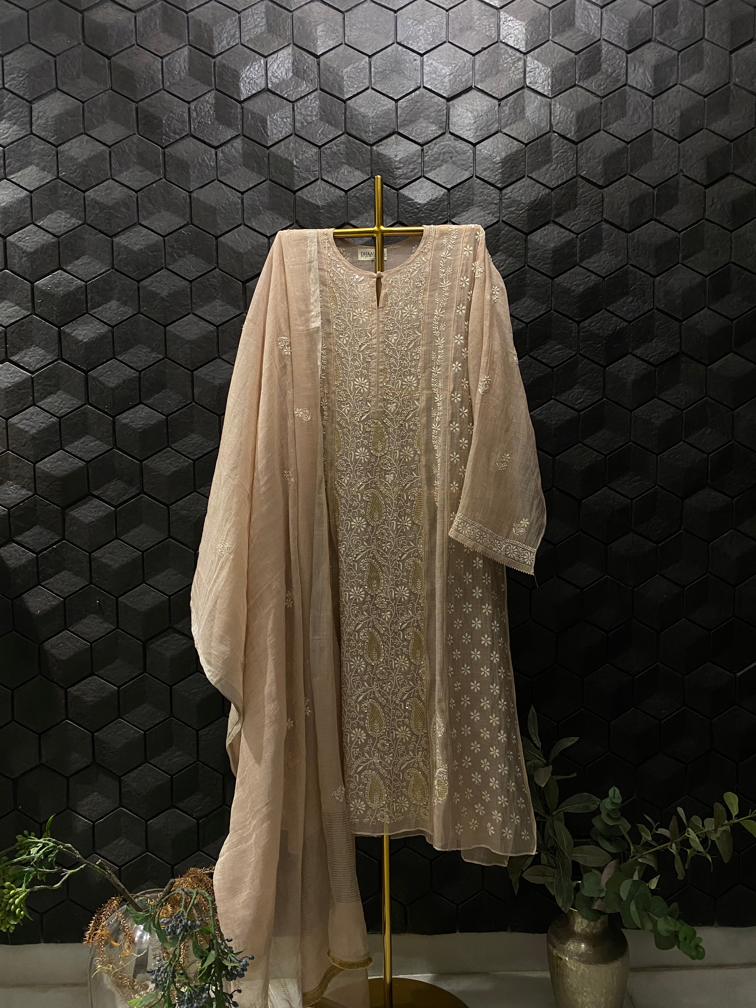 Pink Tissue A-Line Chikankari Kurta Set