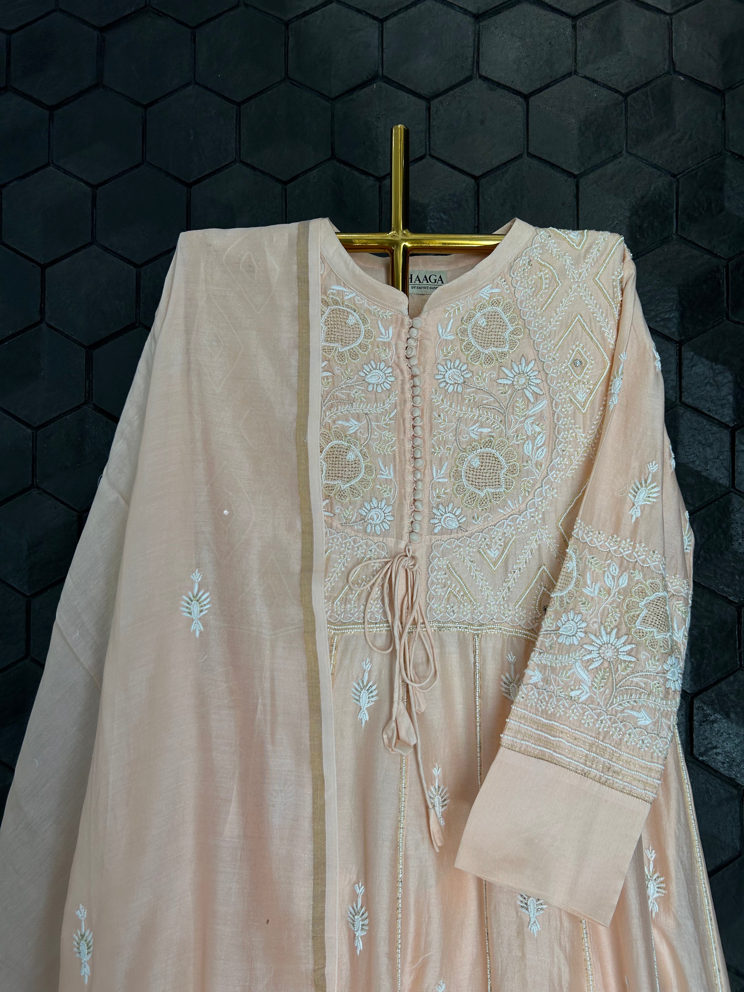 Peach Chanderi Anarkali Set with Cutdana Embellishments
