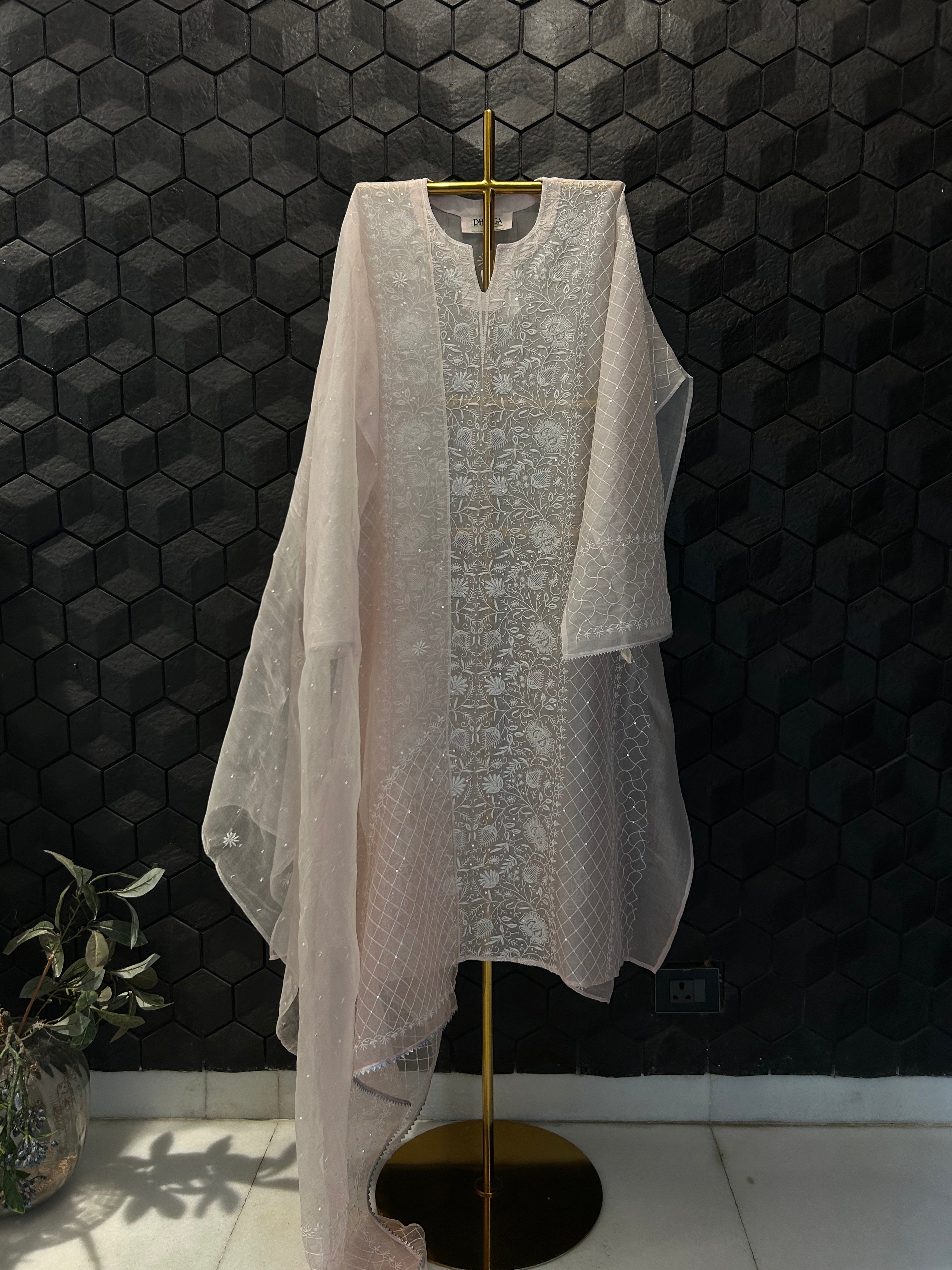 Pink organza chikankari kurta set