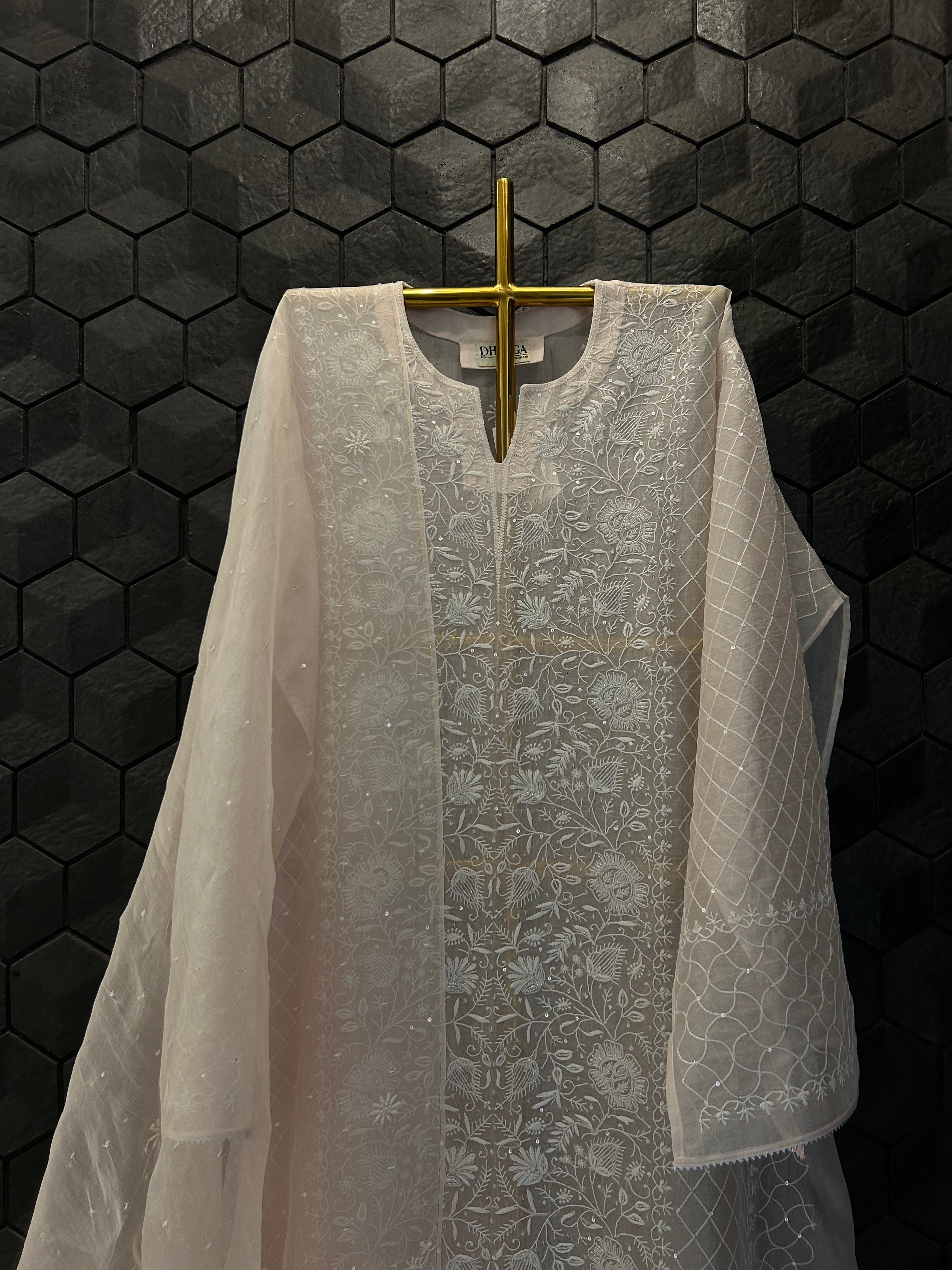 Pink organza chikankari kurta set