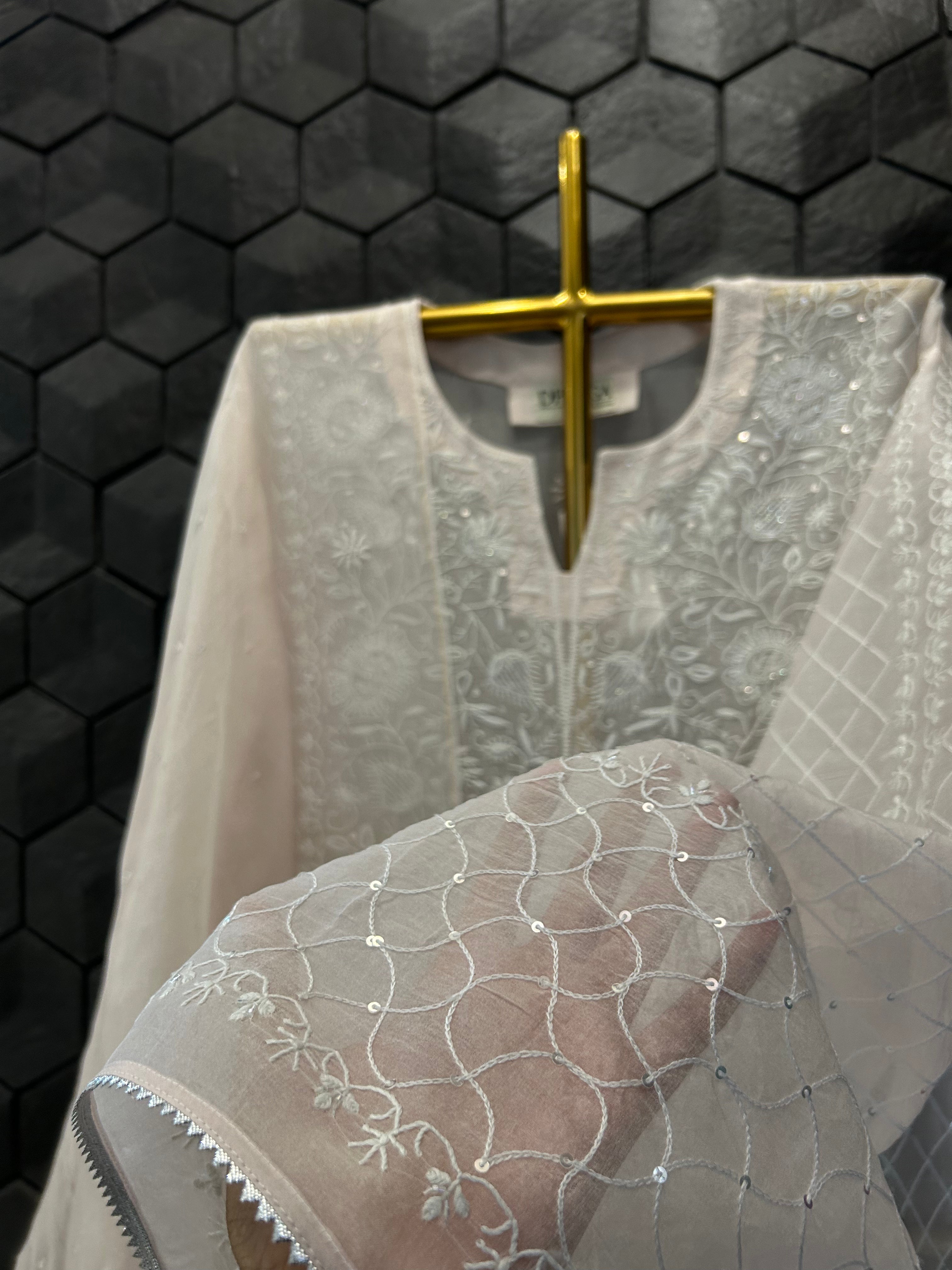 Pink organza chikankari kurta set