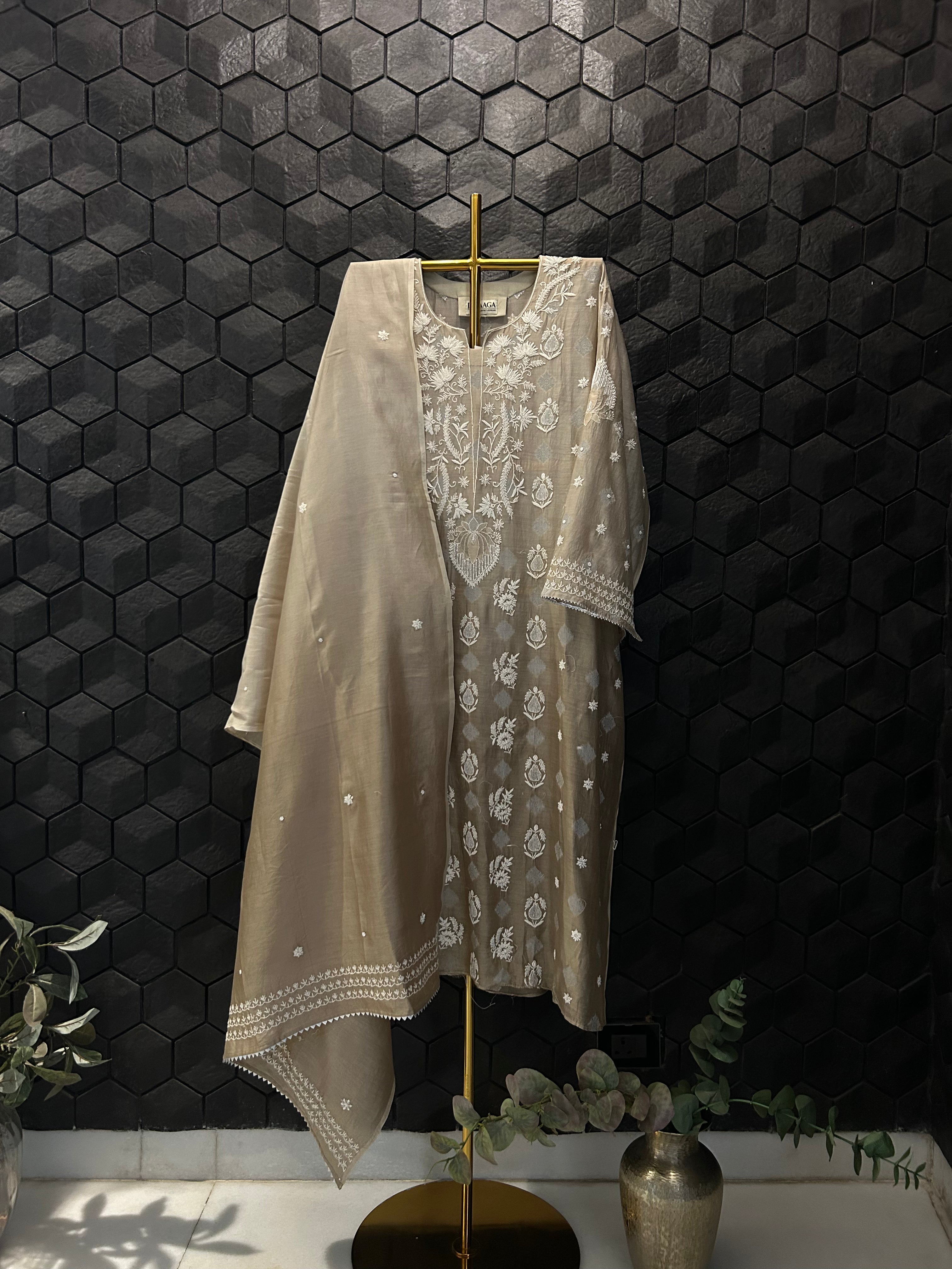 Brown Mul Chanderi Chikankari Kurta Set