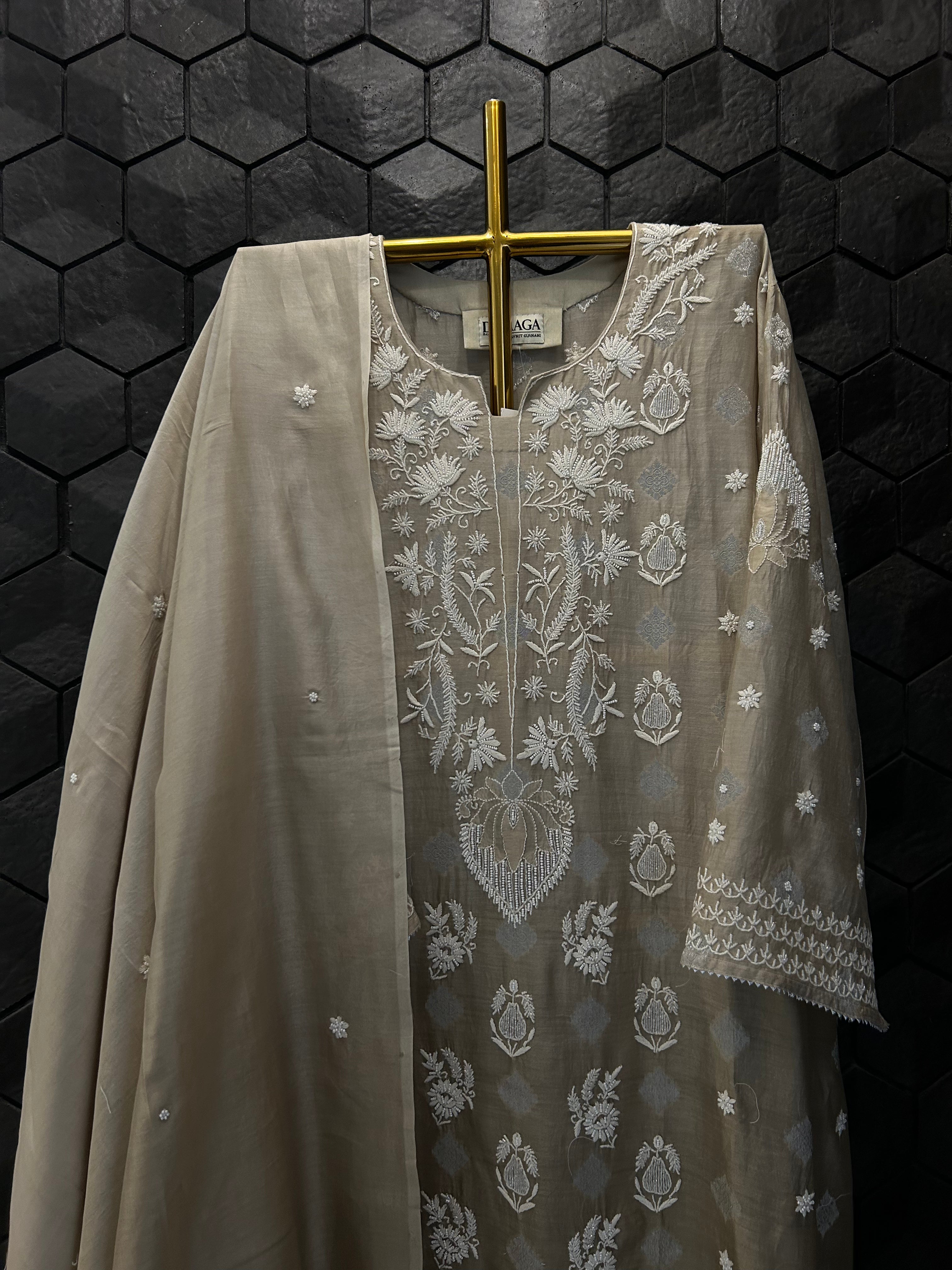Brown Mul Chanderi Chikankari Kurta Set