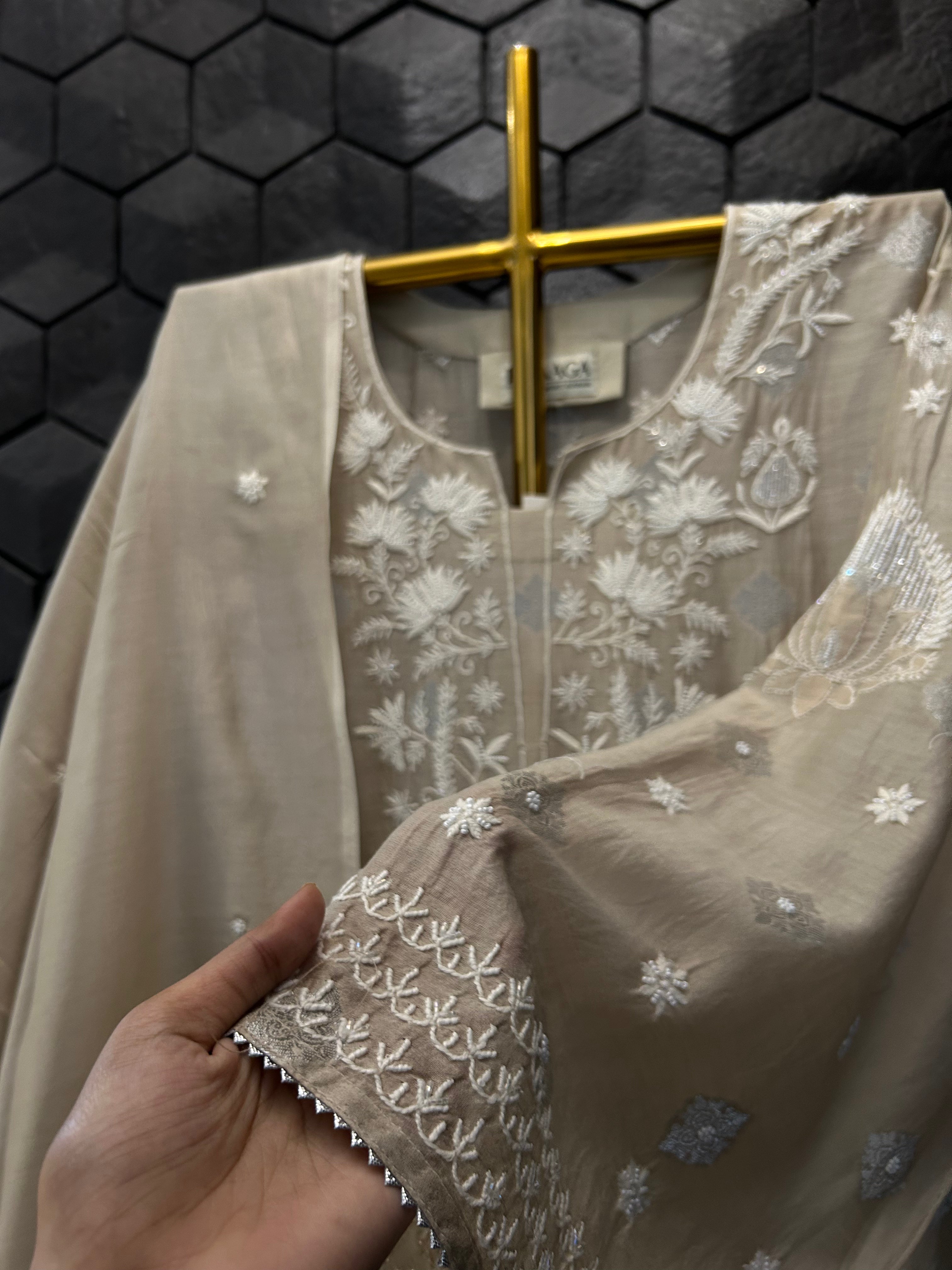 Brown Mul Chanderi Chikankari Kurta Set
