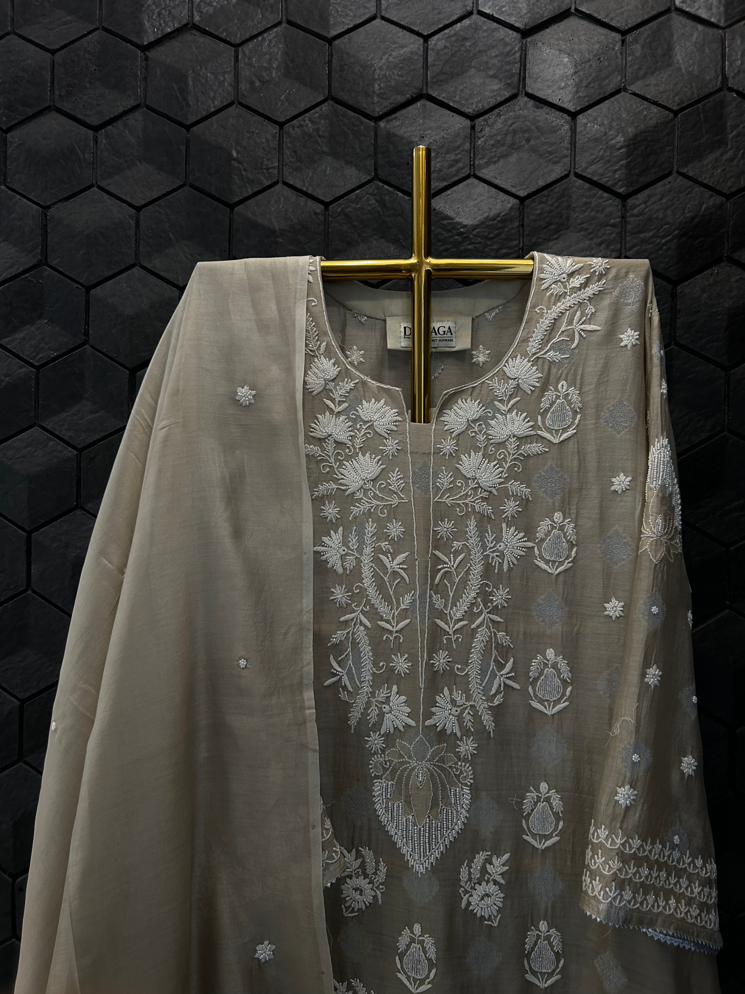 Brown Mul Chanderi Chikankari Kurta Set