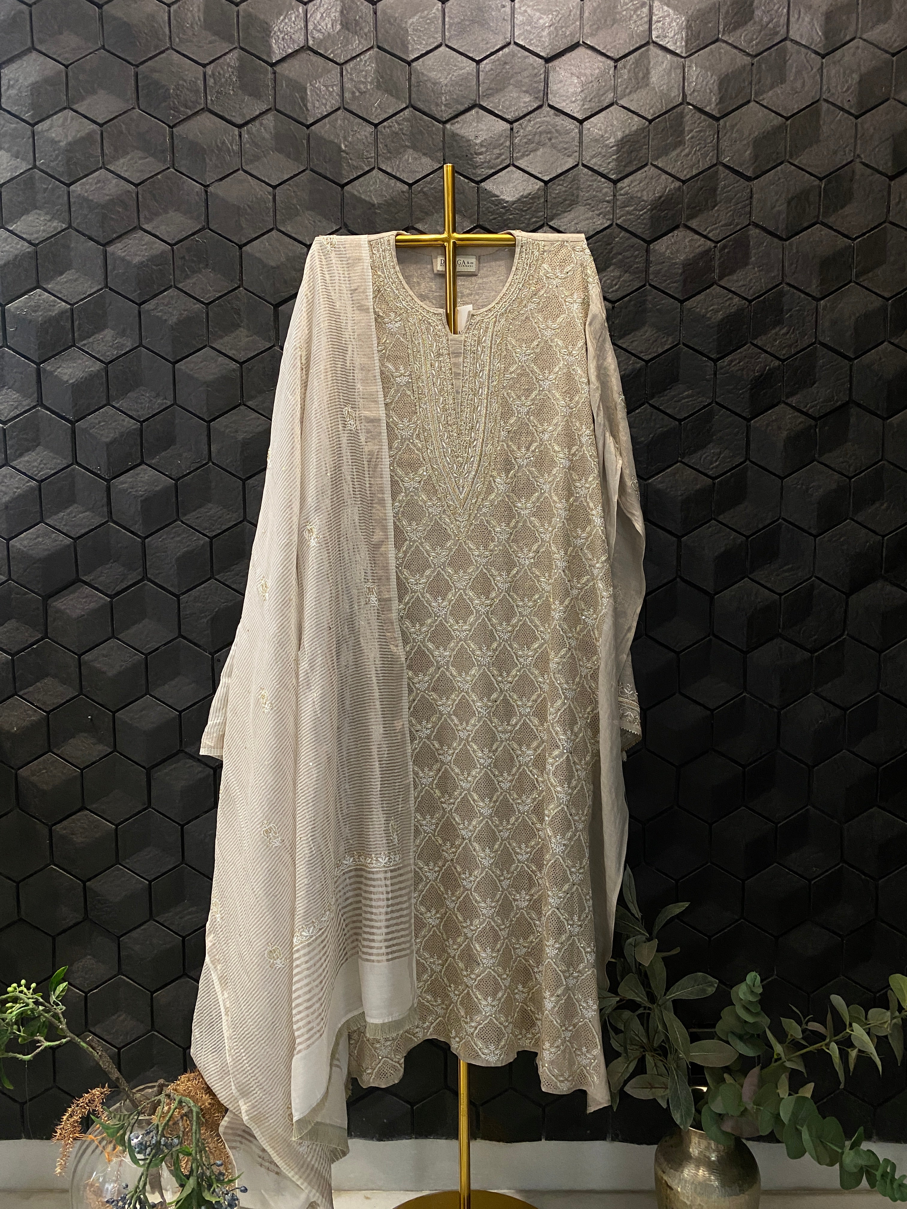 Silver Tissue Chikankari Straight Kurta Set