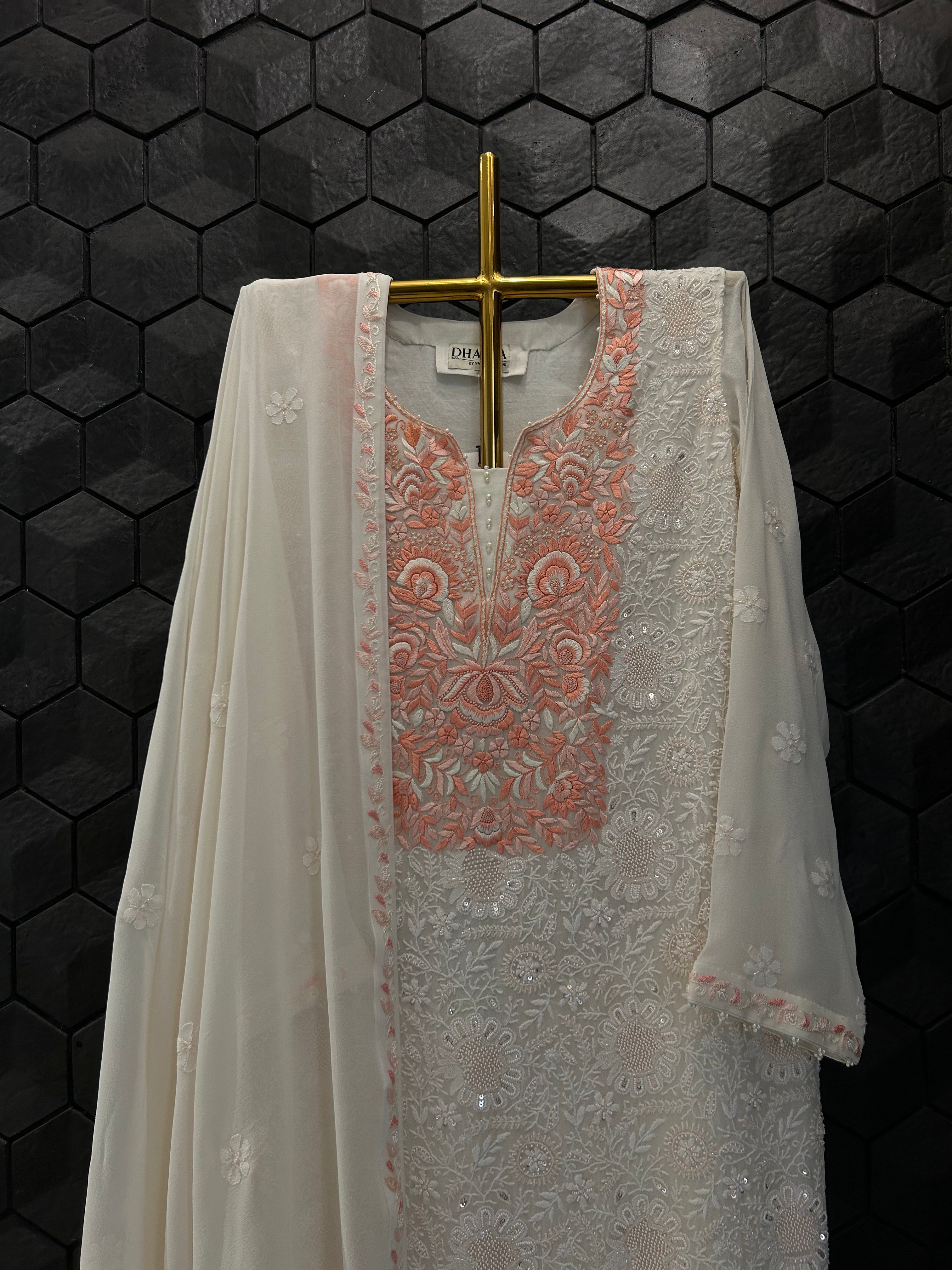 White Georgette chikankari Suit Set