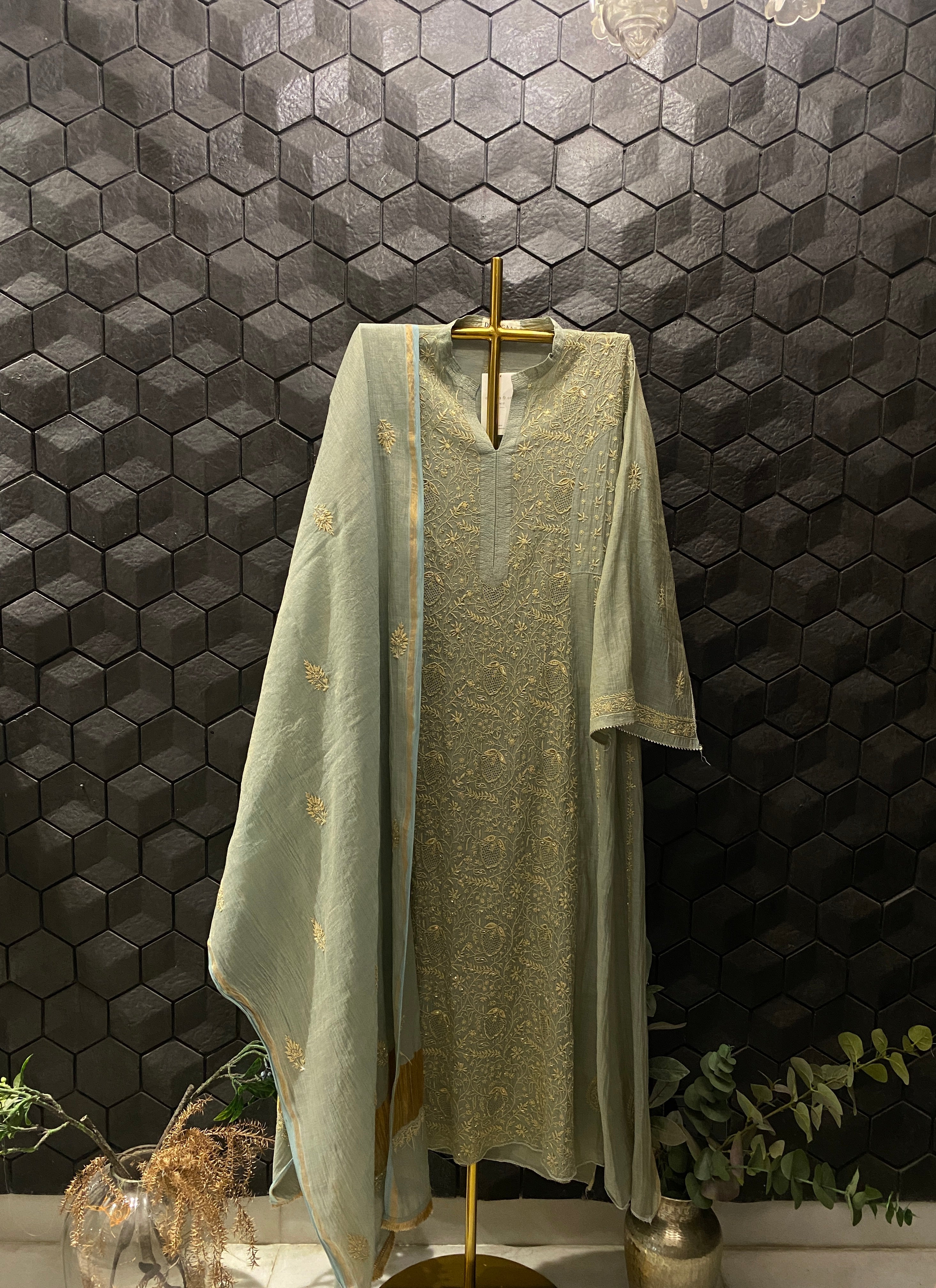 Sage Green Tissue Chikankari Kurta Set