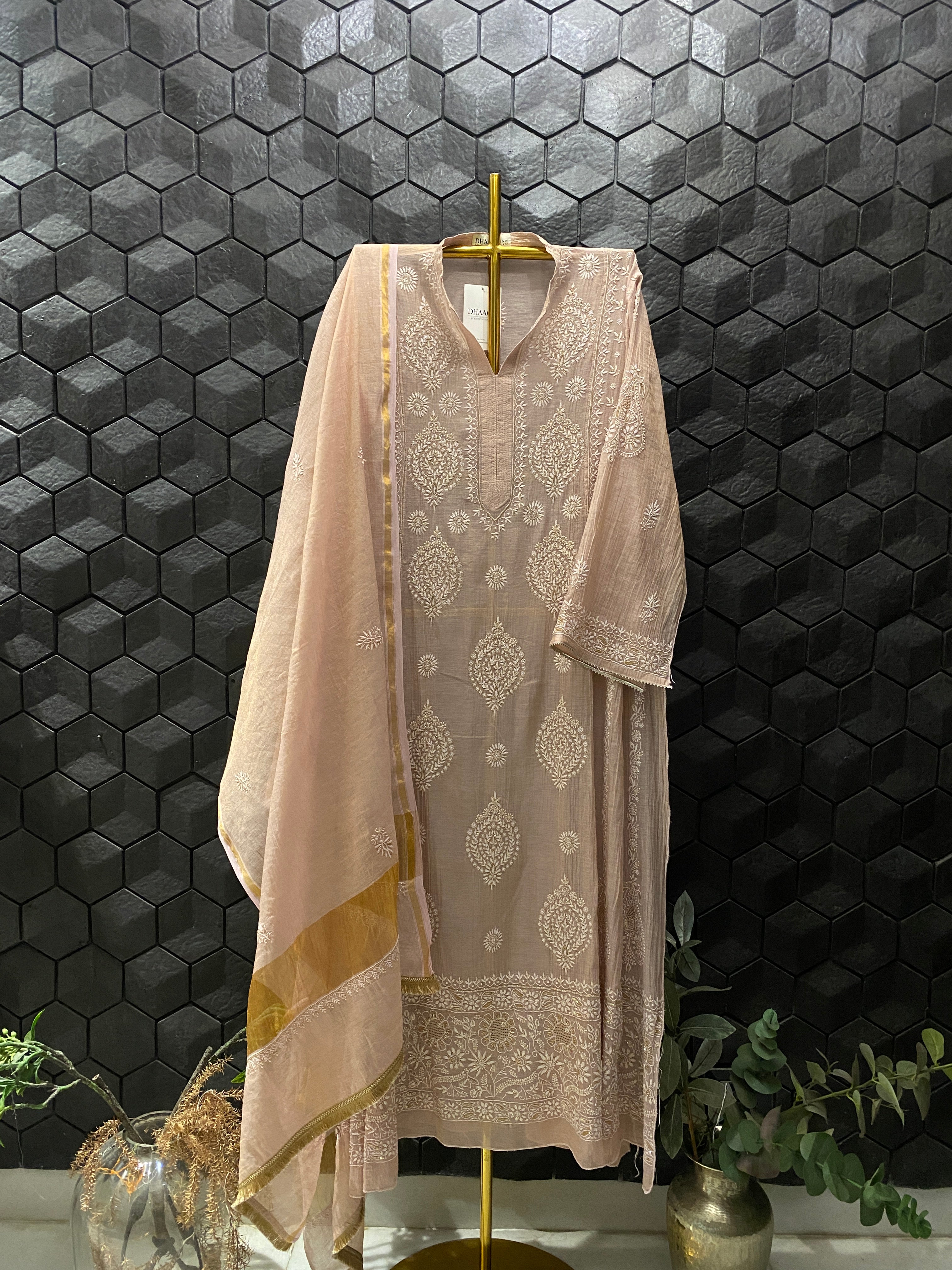 Onion Pink Tissue Chikankari kurta Set