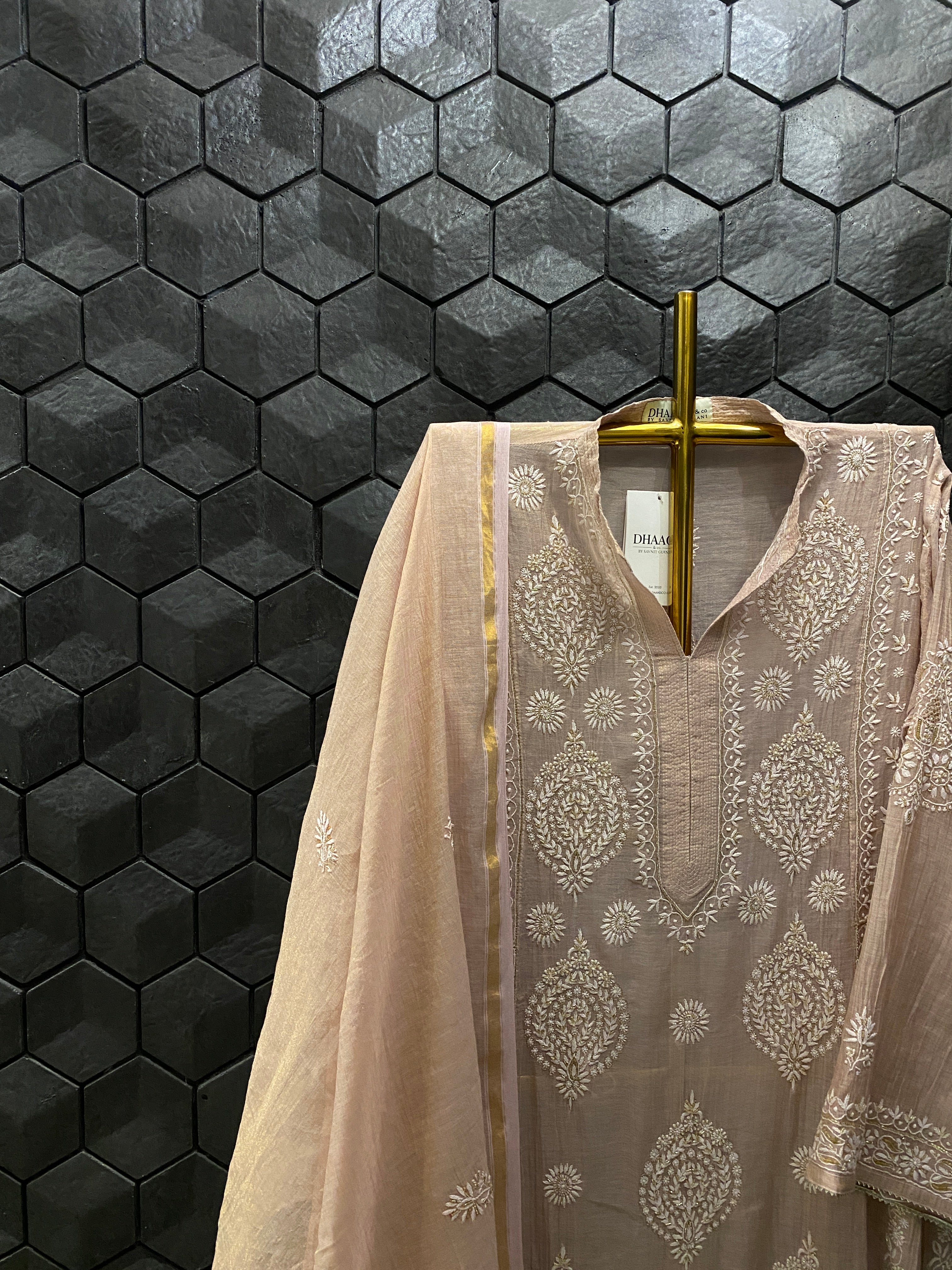 Onion Pink Tissue Chikankari kurta Set