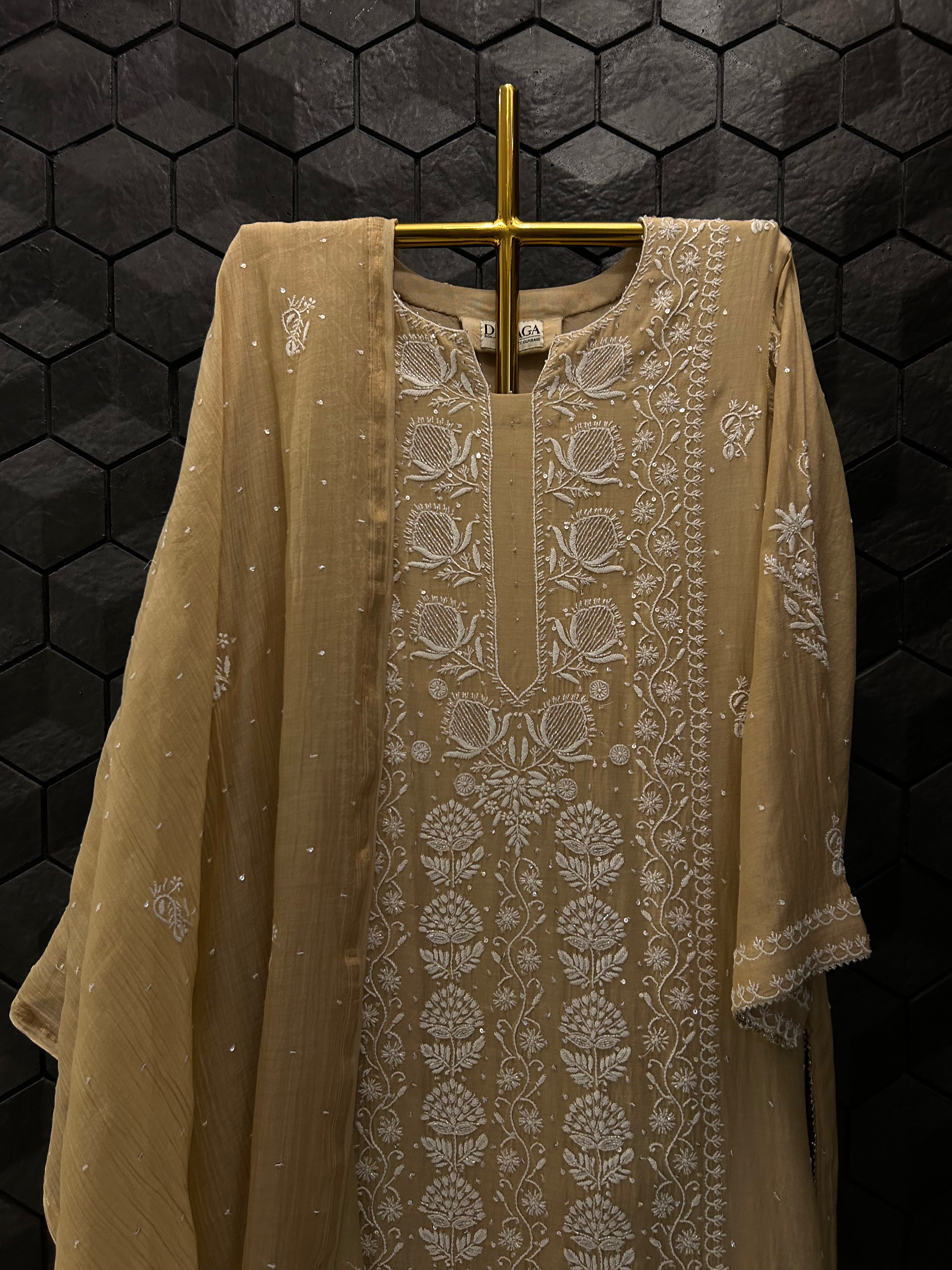 Beige Mul Chanderi Chikankari Suit Set