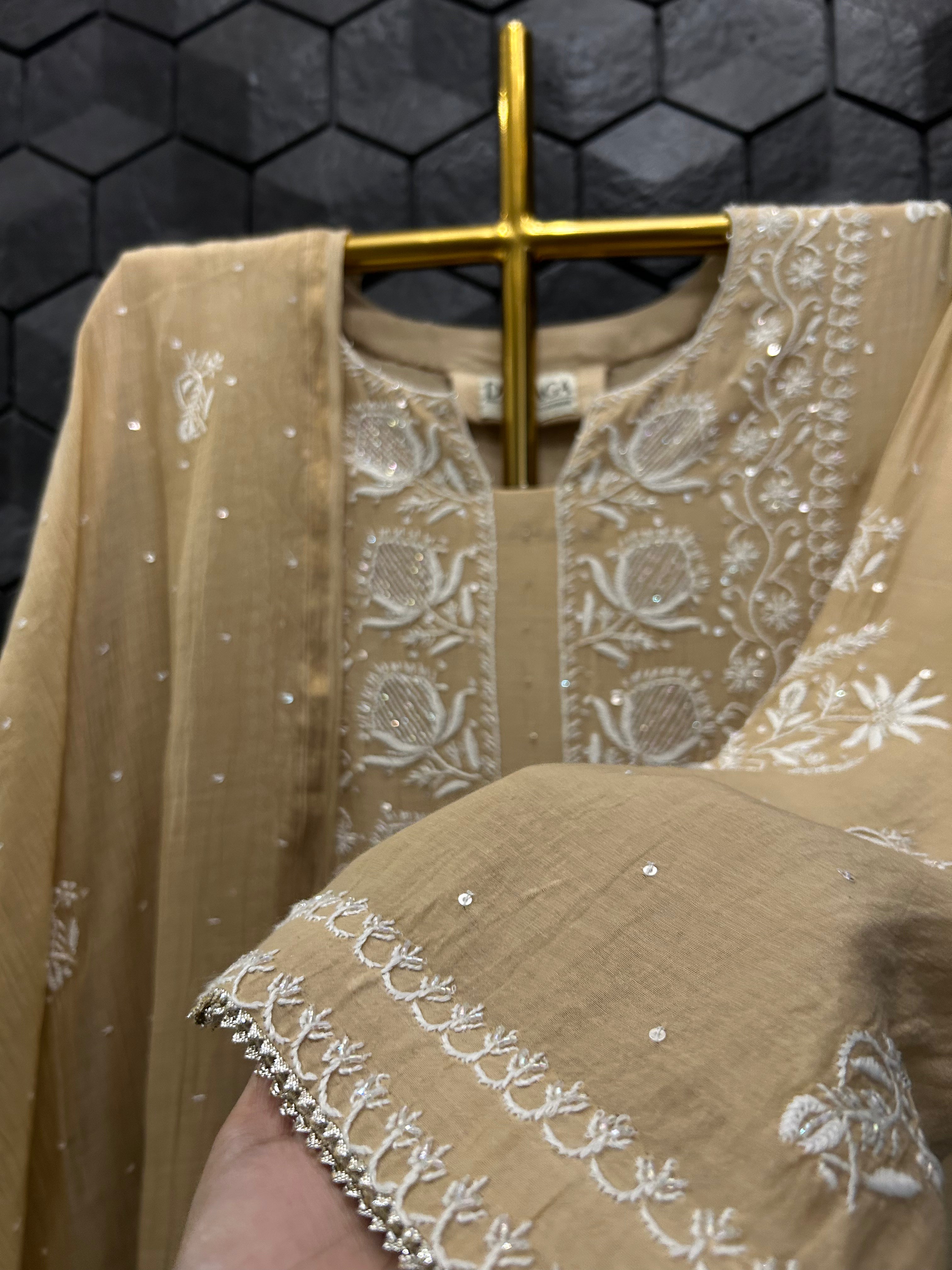 Beige Mul Chanderi Chikankari Suit Set