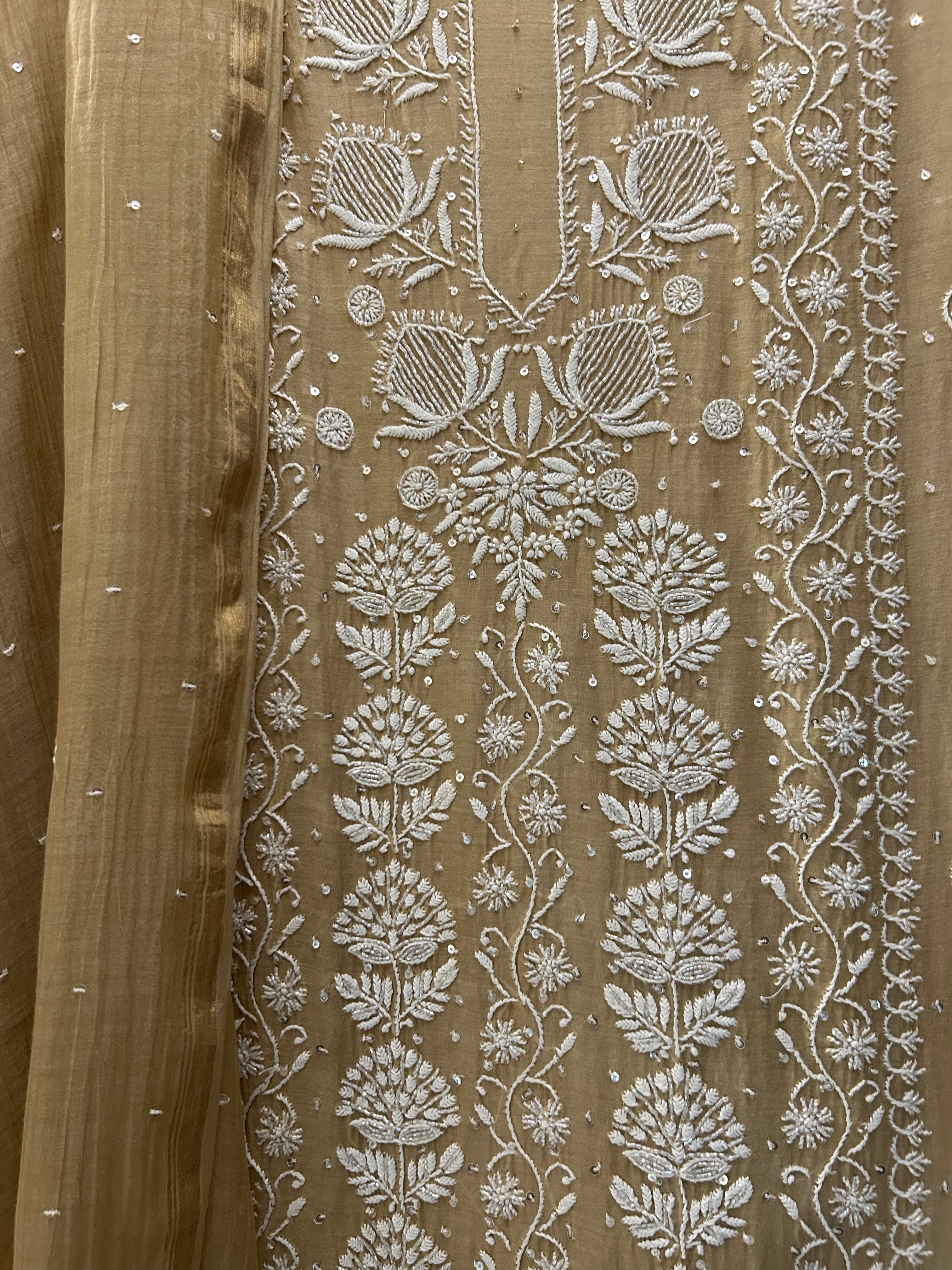 Beige Mul Chanderi Chikankari Suit Set