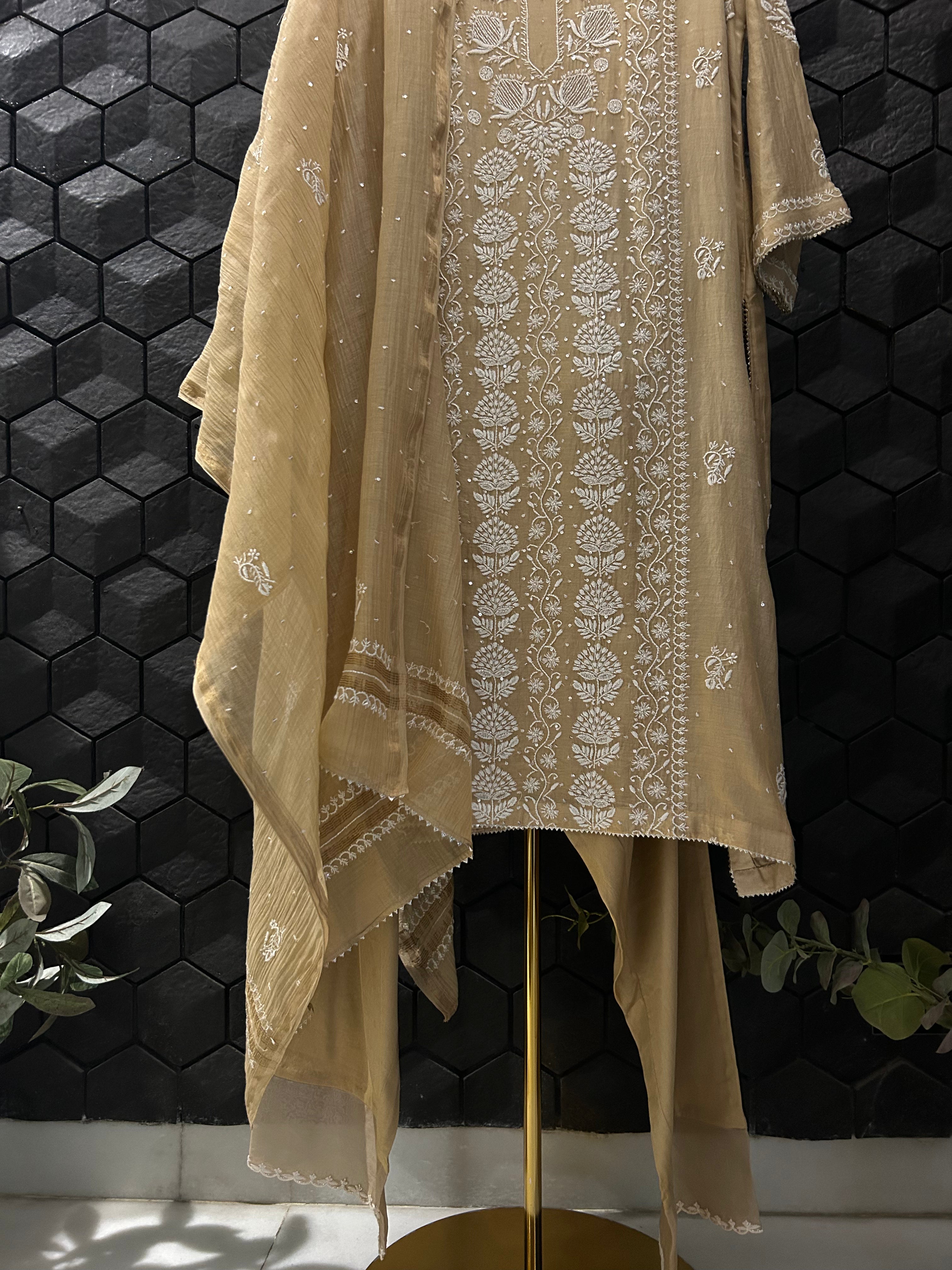 Beige Mul Chanderi Chikankari Suit Set