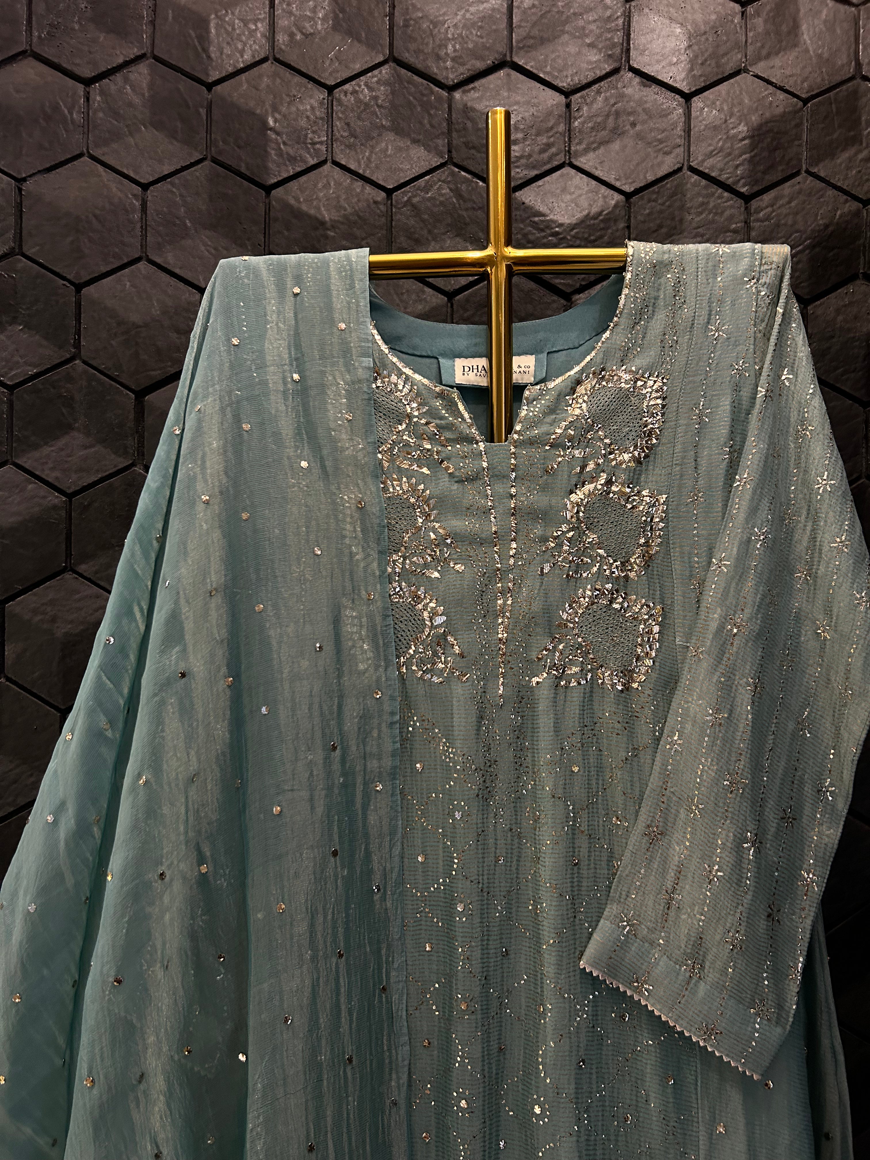 Green Golden Tissue Mukaish Suit Set