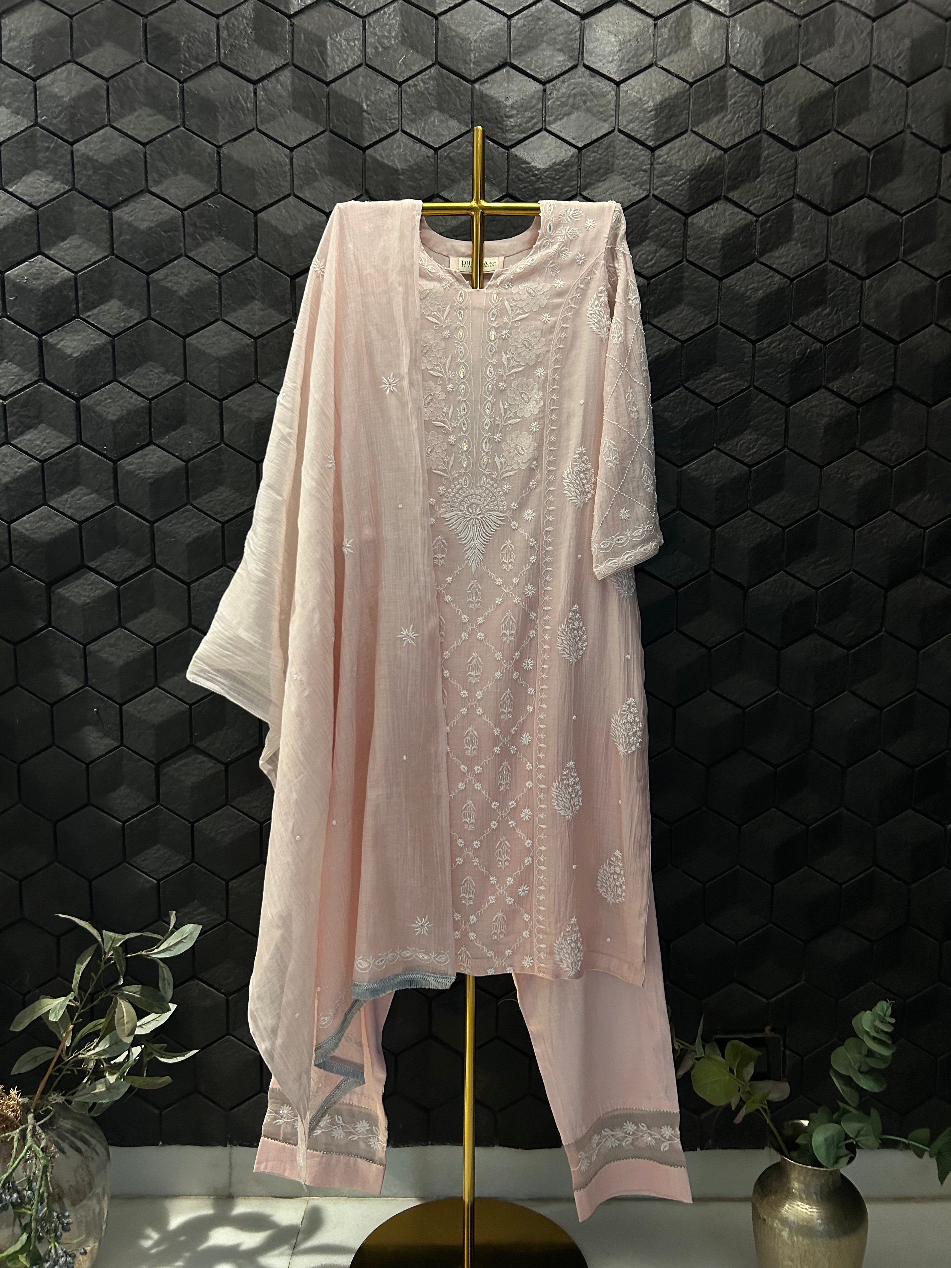 Pink Mul Chanderi Chikankari Suit Set