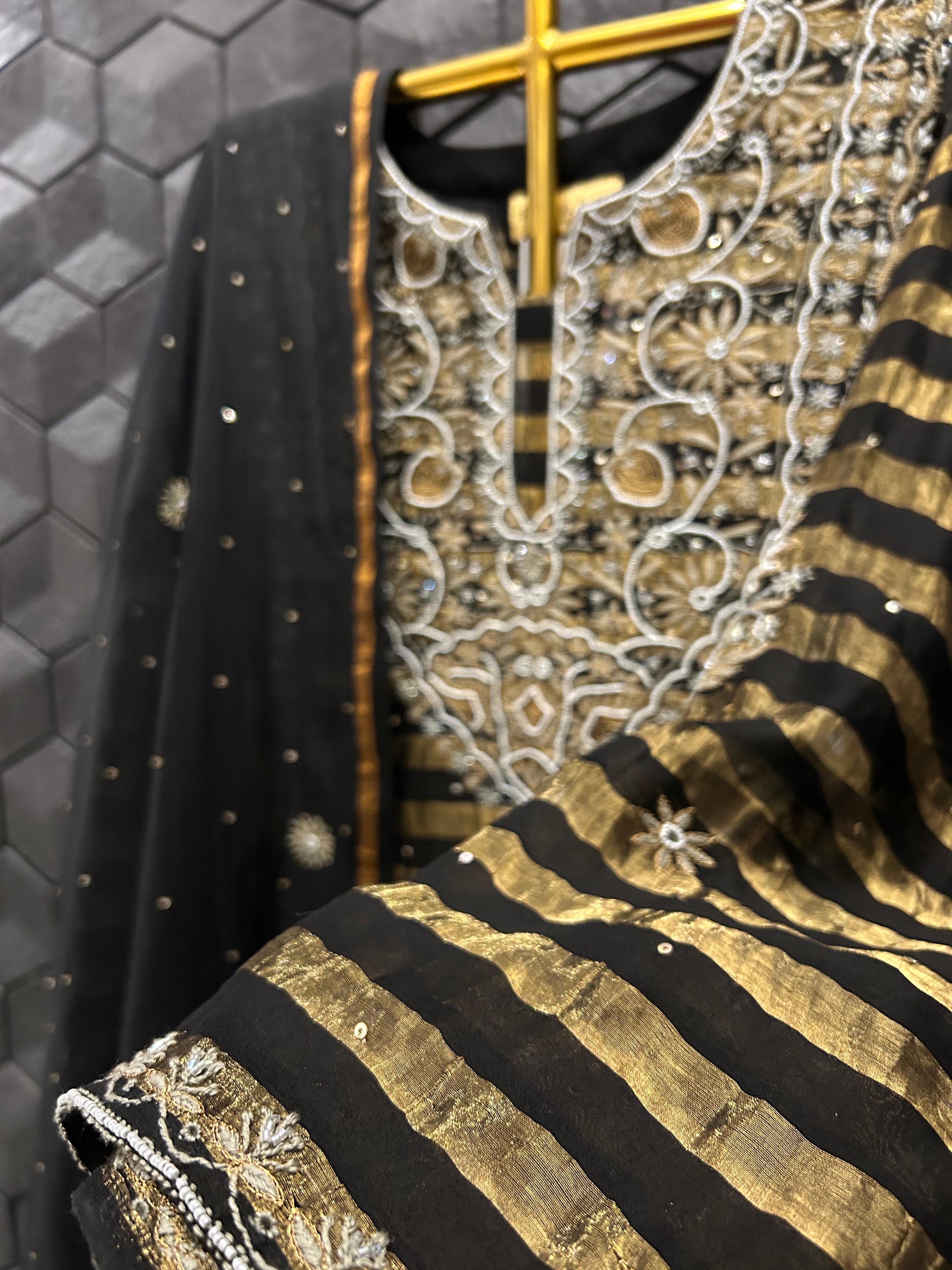 Black Stripe Tissue Chikankari Kurta Set