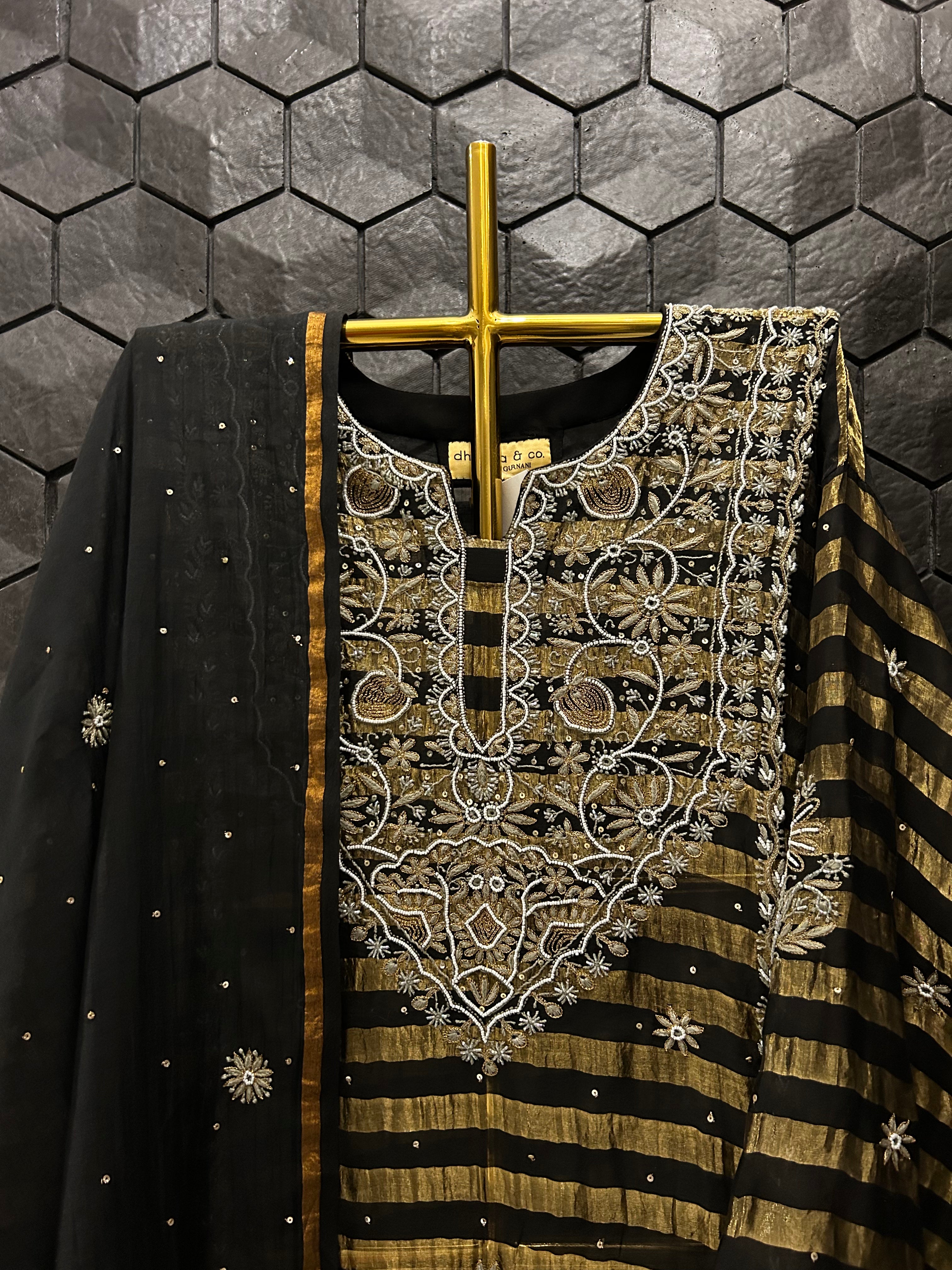 Black Stripe Tissue Chikankari Kurta Set